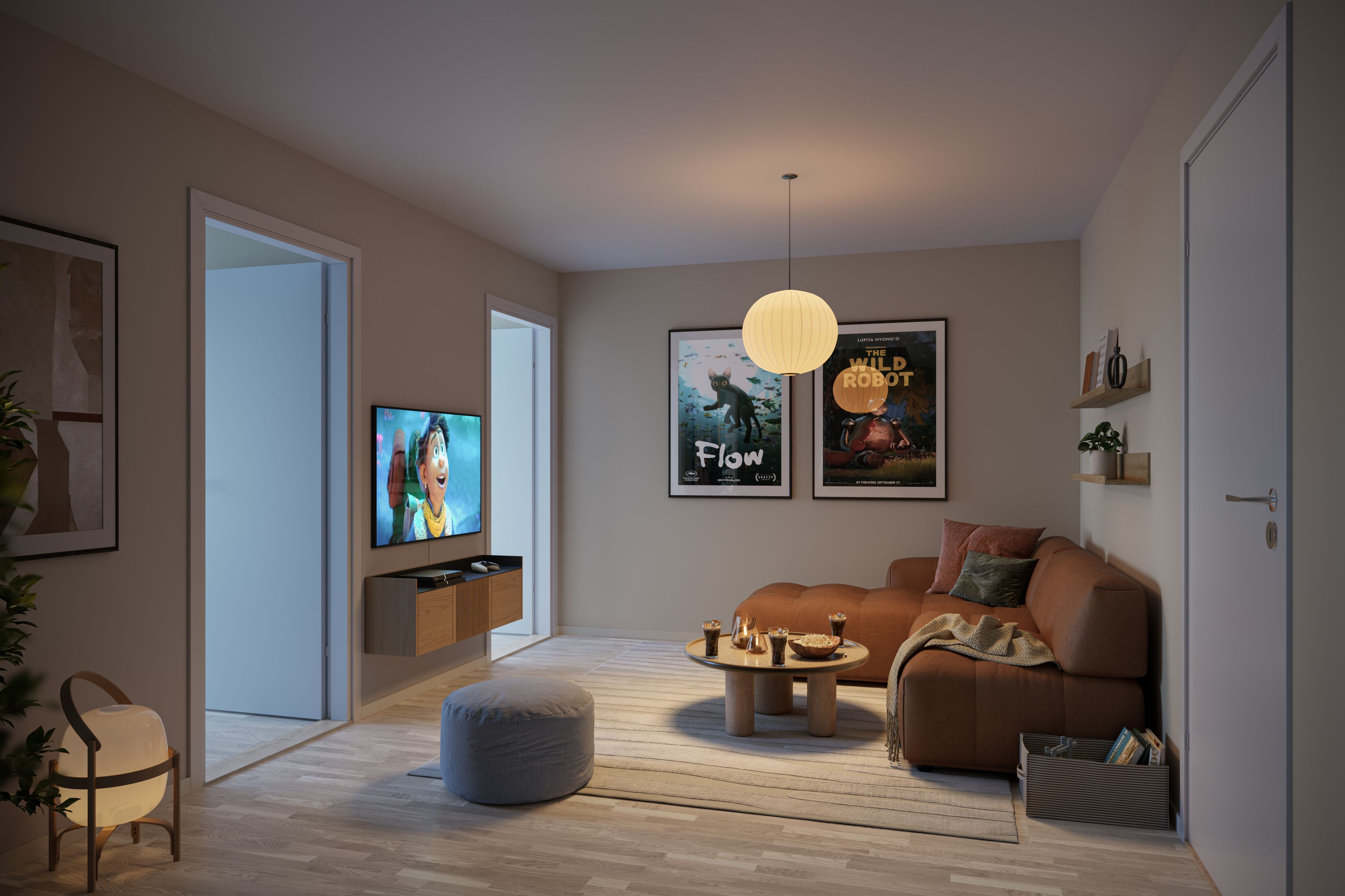 Illustrasjon av TV-stue i enebolig i kjede, hus 51, på Firenga