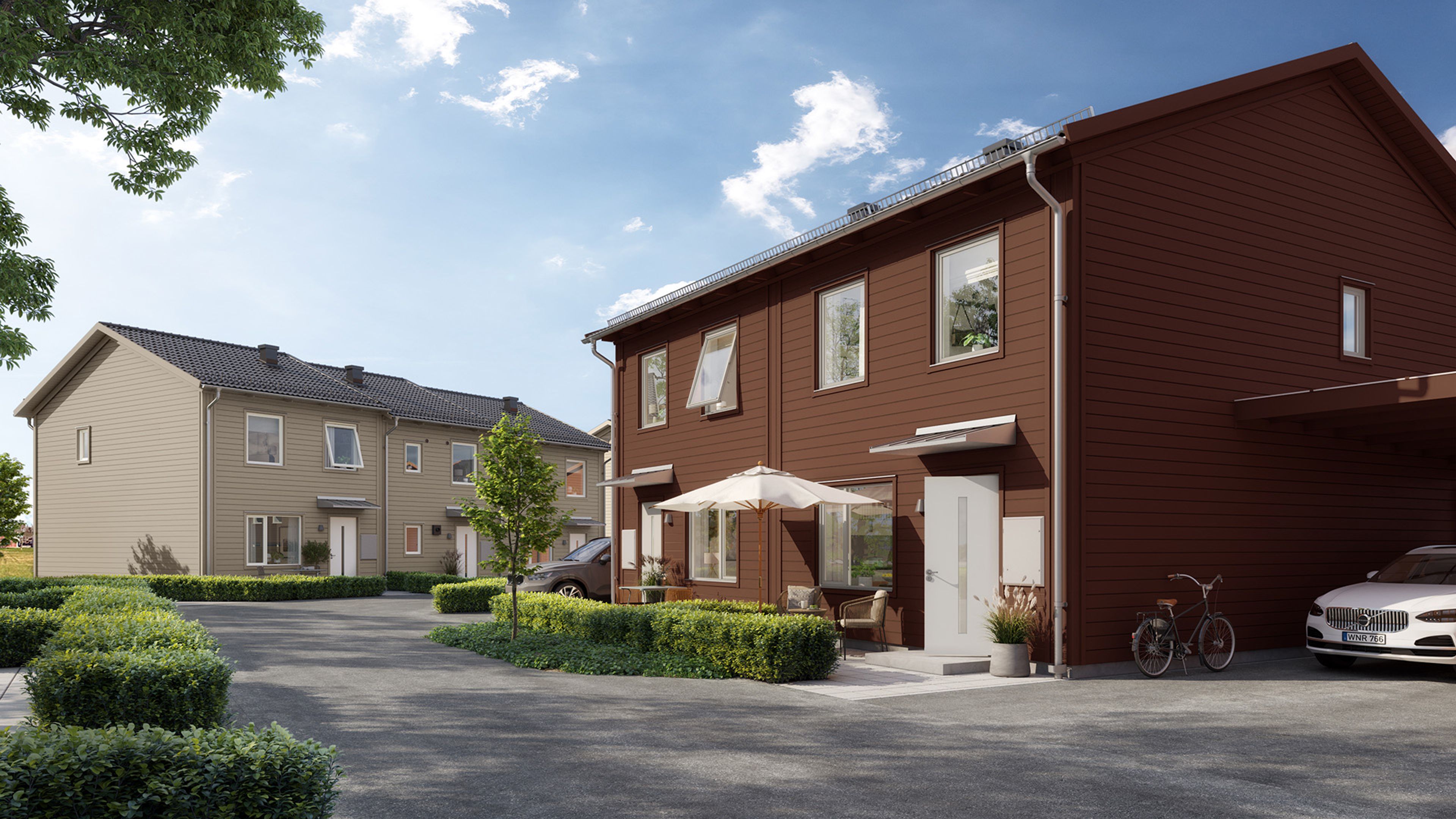 Illustrationsbild av entrésidan till radhus och parhus i två plan