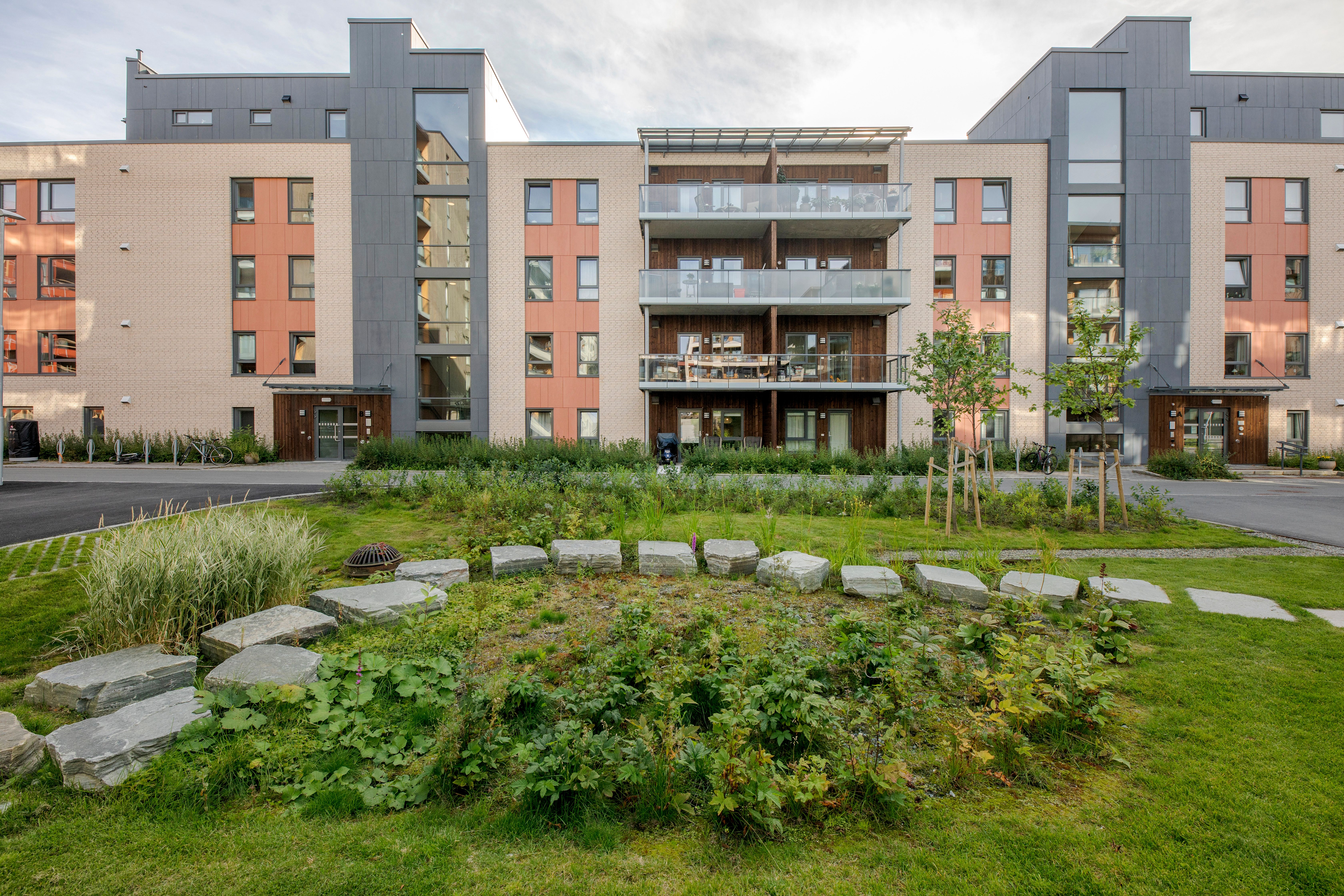 Foto av fasaden til byggene i Ladebyhagen med grønt område foran.