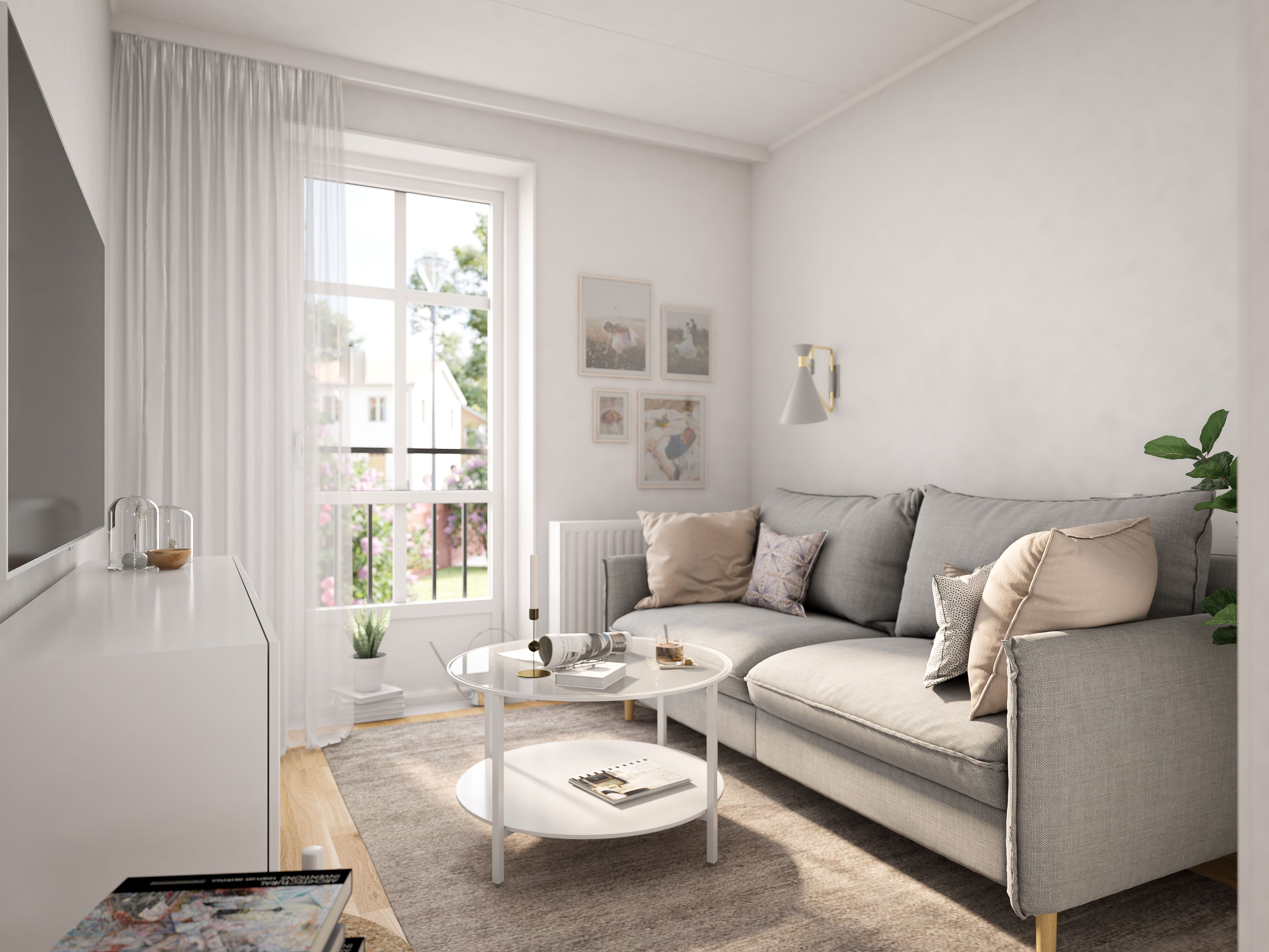 Illustration av allrum på ovanvåningen med soffa och TV