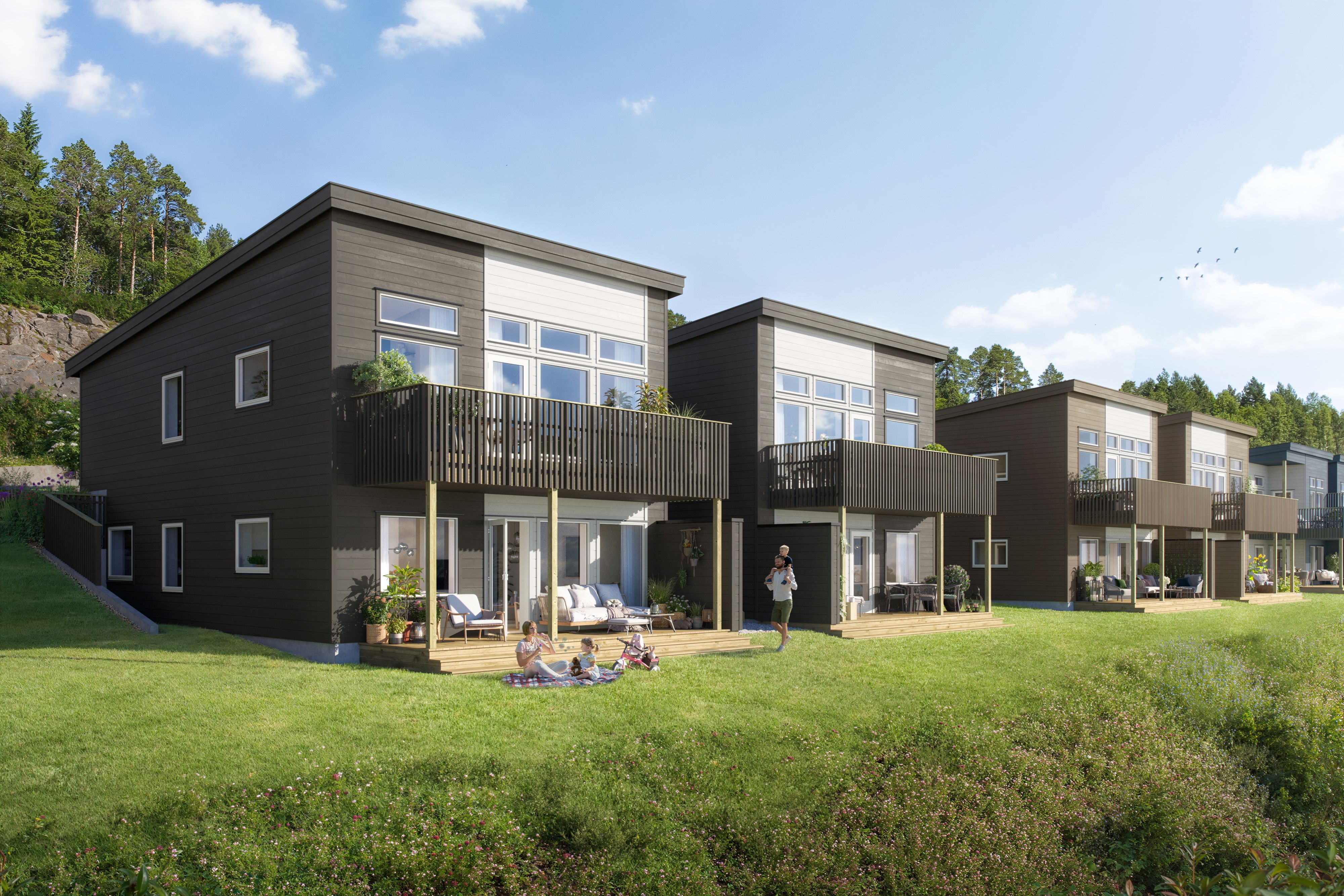 Illustrasjon av fasade på boliger på Røbekklia, sett fra hagesiden