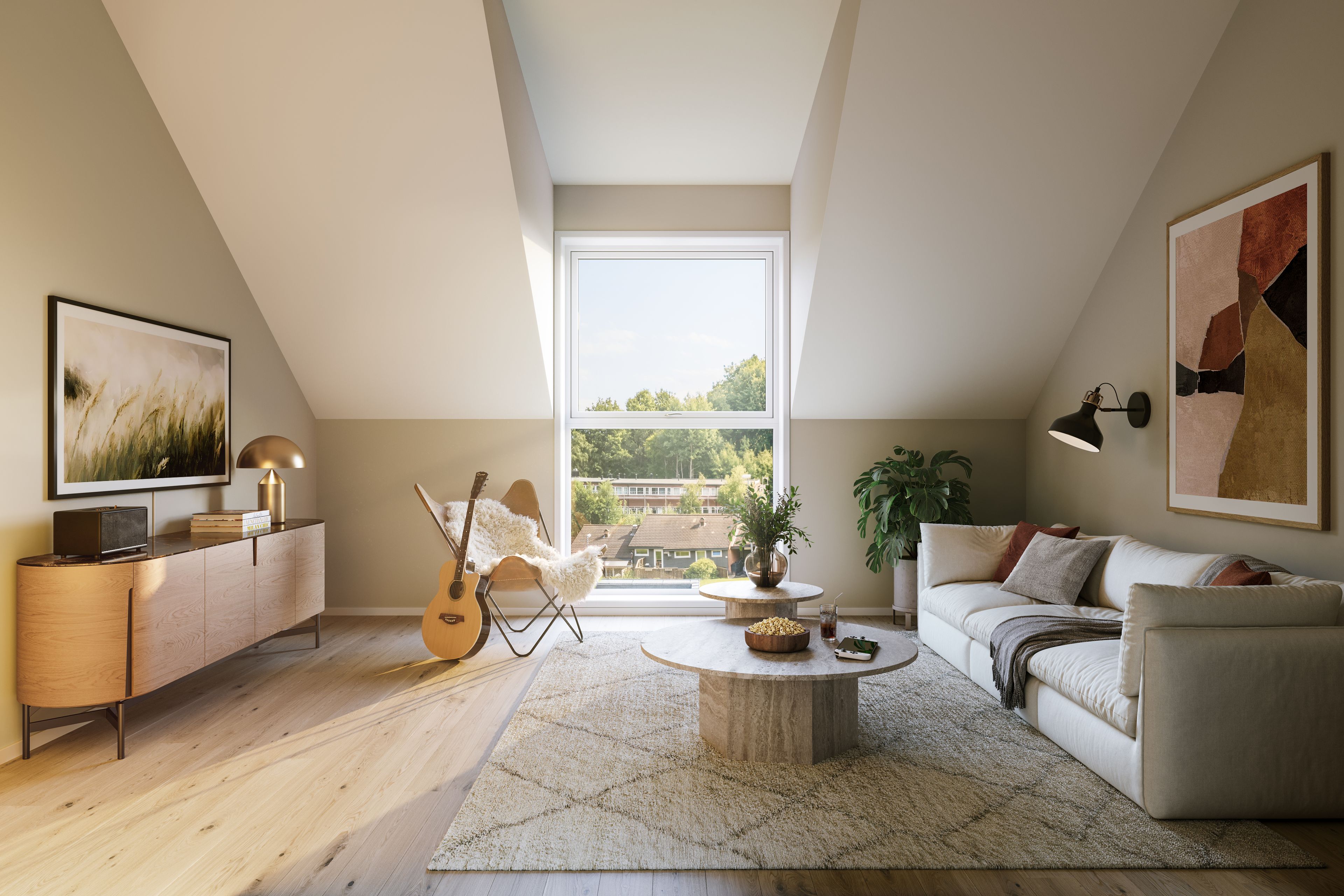 Illustrasjon av loftstue i familiebolig, hus 2 enhet 4, på Munkvolltunet.