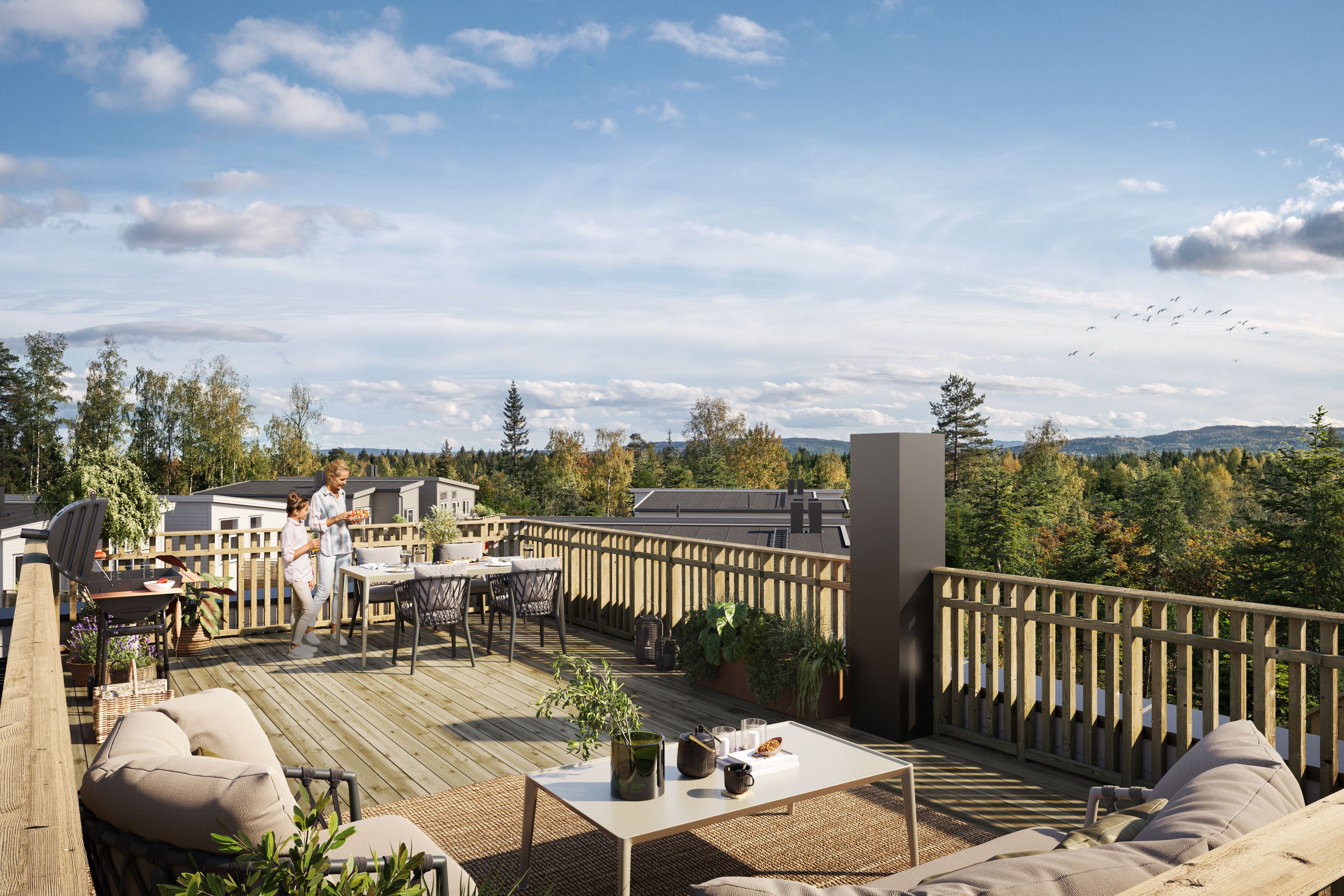 Illustrasjon av takterrasse i tomannsbolig på Eltonåsen Syd, BKS10