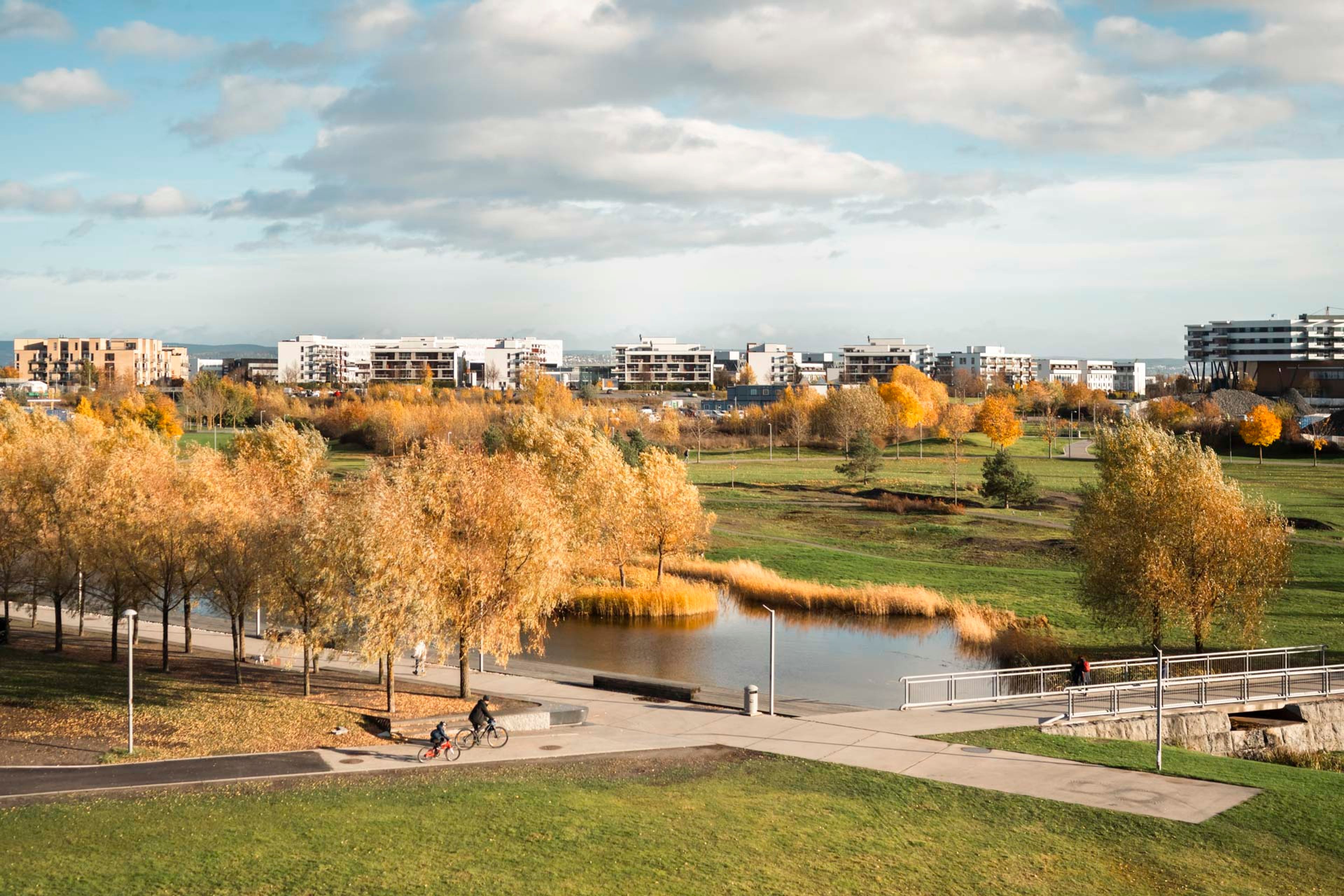 Foto av park på Fornebu, med boligområde i bakgrunnen