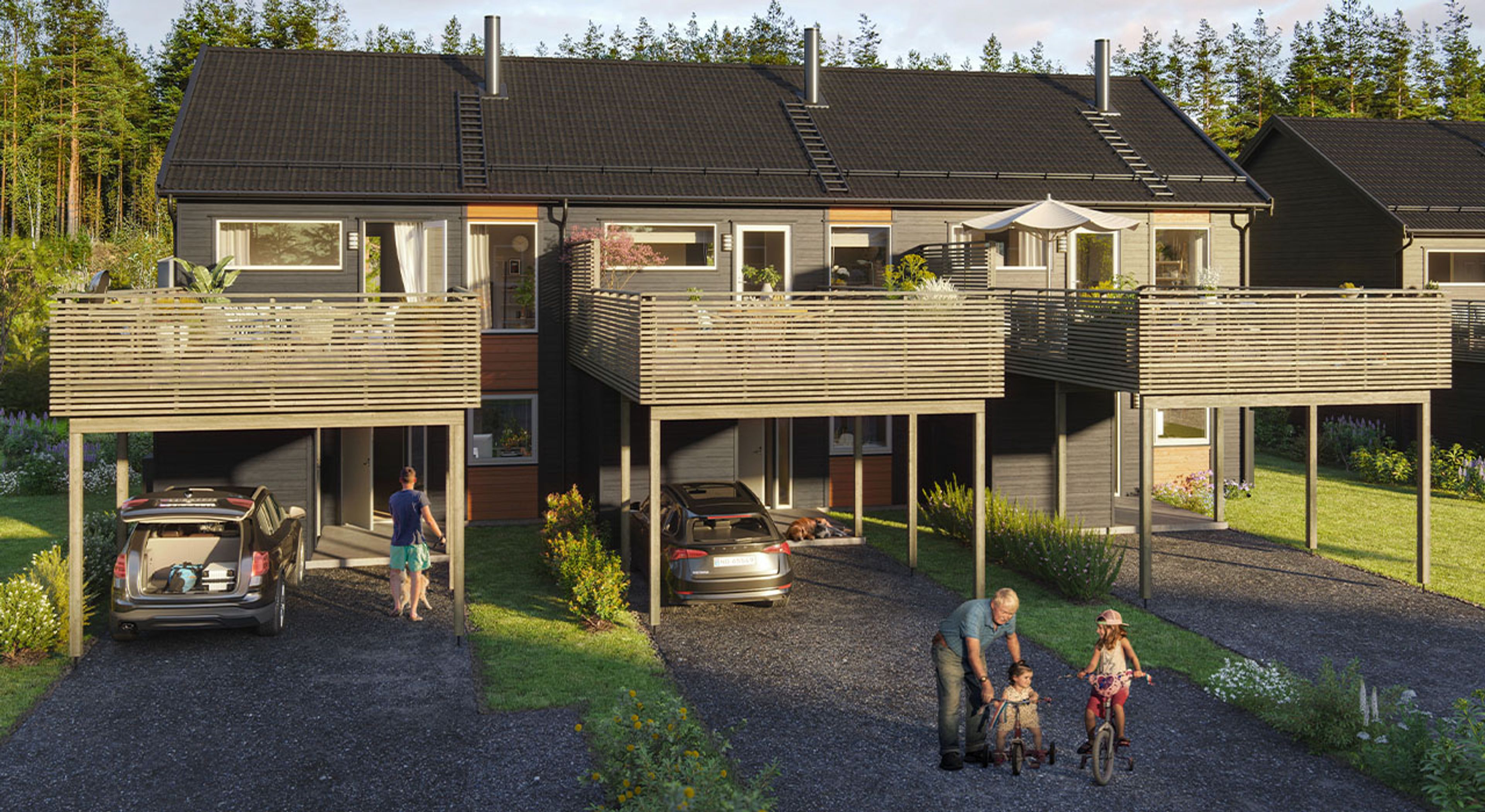 Illustrasjon av inngange og parkering foran rekkehusene på Bergermoen park