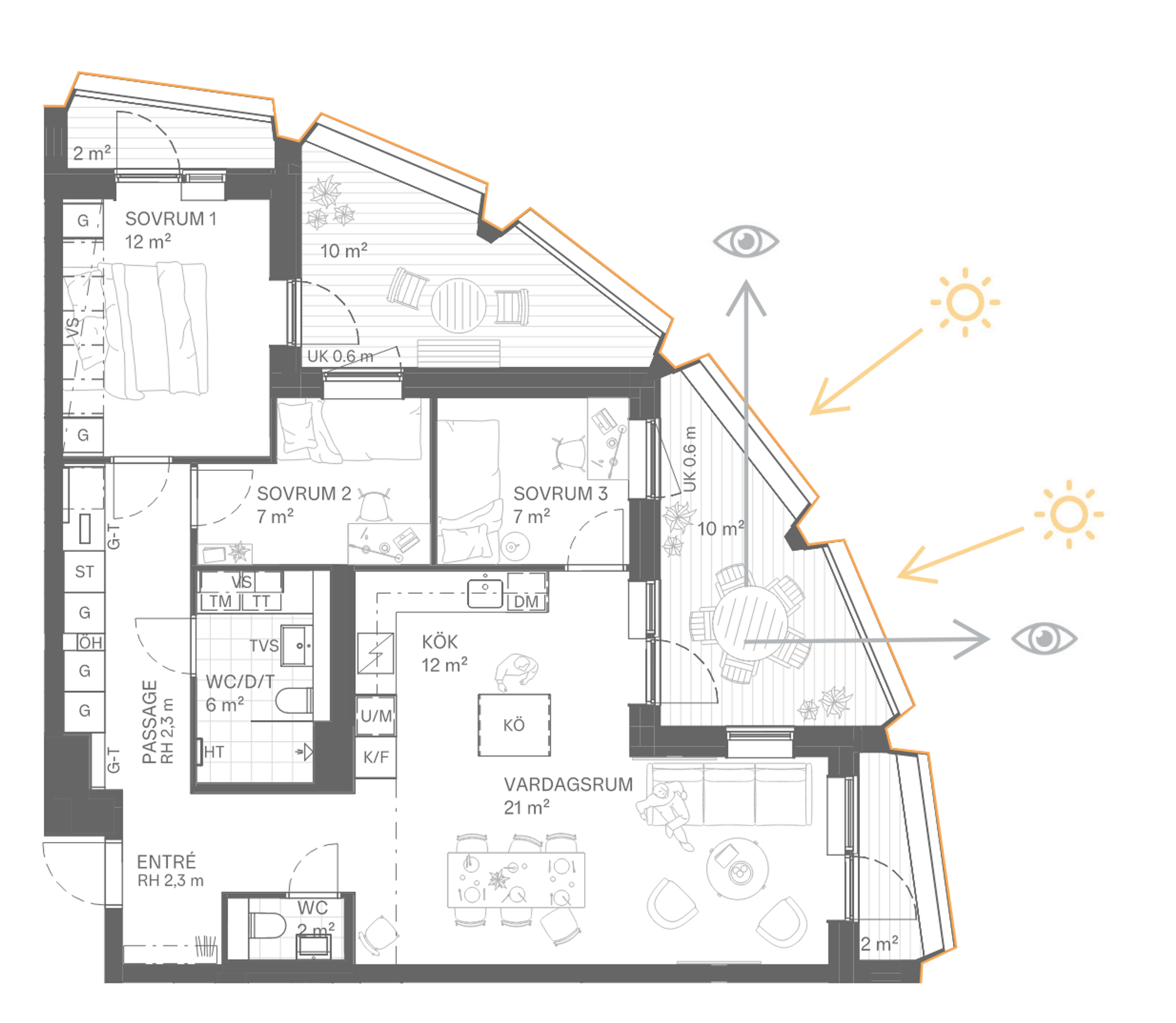 Planlösning med balkong i Stadsljus.