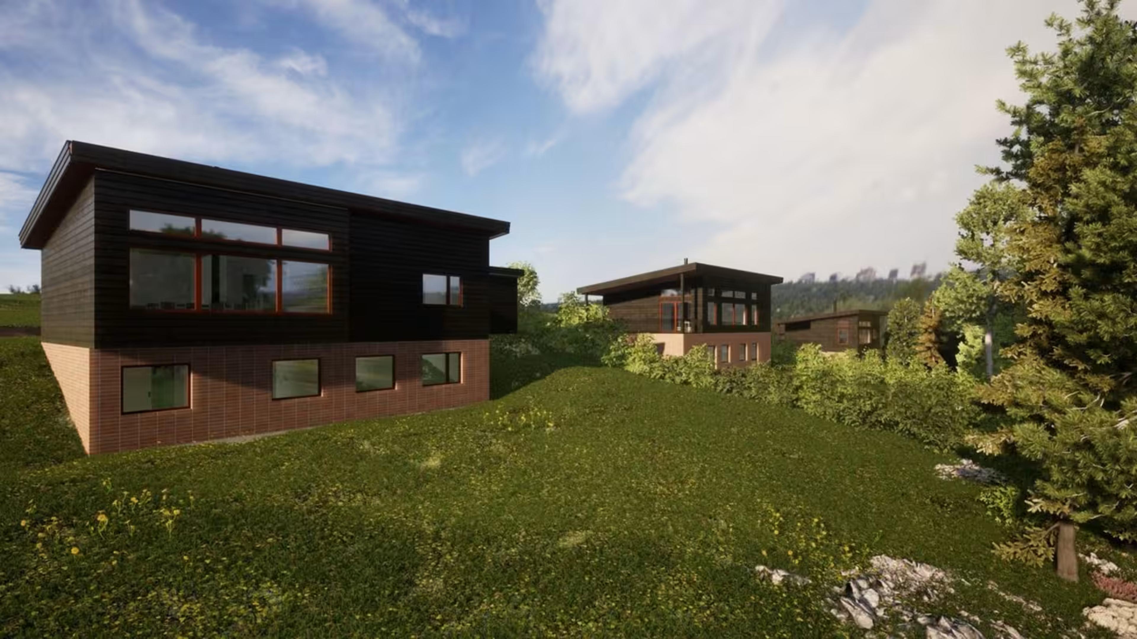 Illustrasjon av eksempelboliger som kan bygges på tomt 8, 9 og 10, av totalentreprenøren OBOS Block Watne Fluks.


