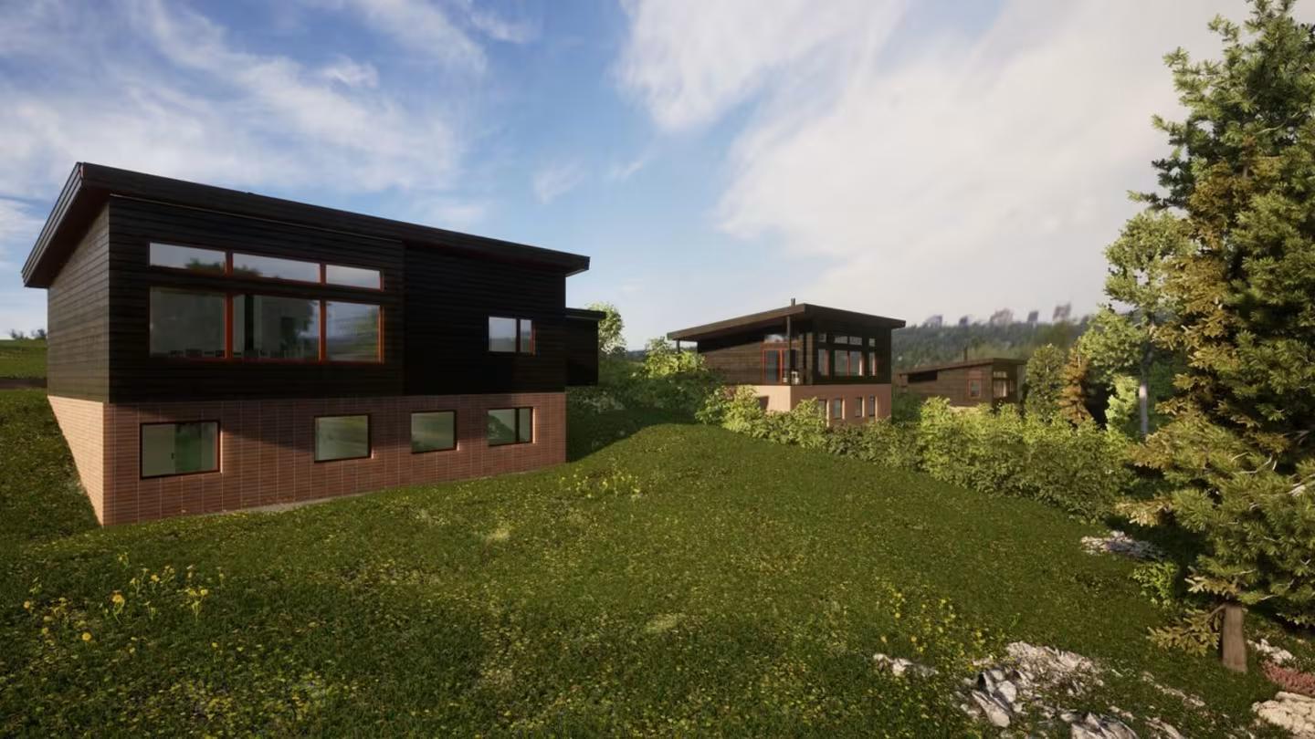 Illustrasjon av eksempelboliger som kan bygges på tomt 8, 9 og 10, av totalentreprenøren OBOS Block Watne Fluks.