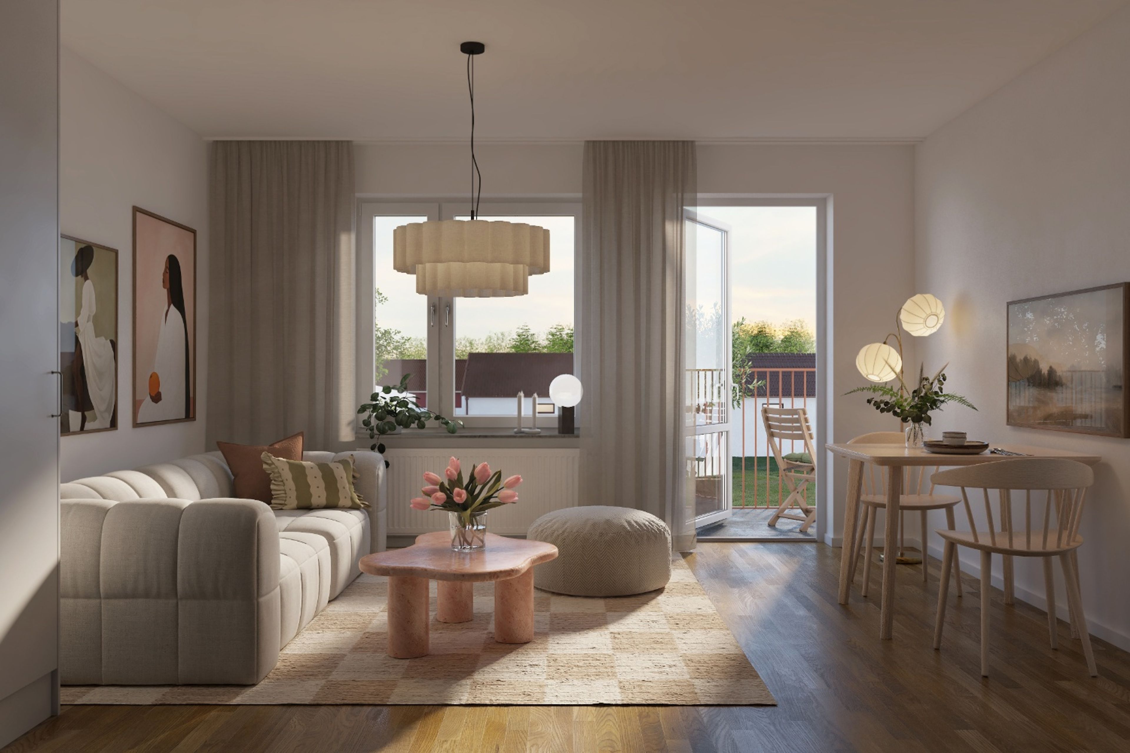 Illustrationsbild av ett vardagsrum med soffa och liten matplats