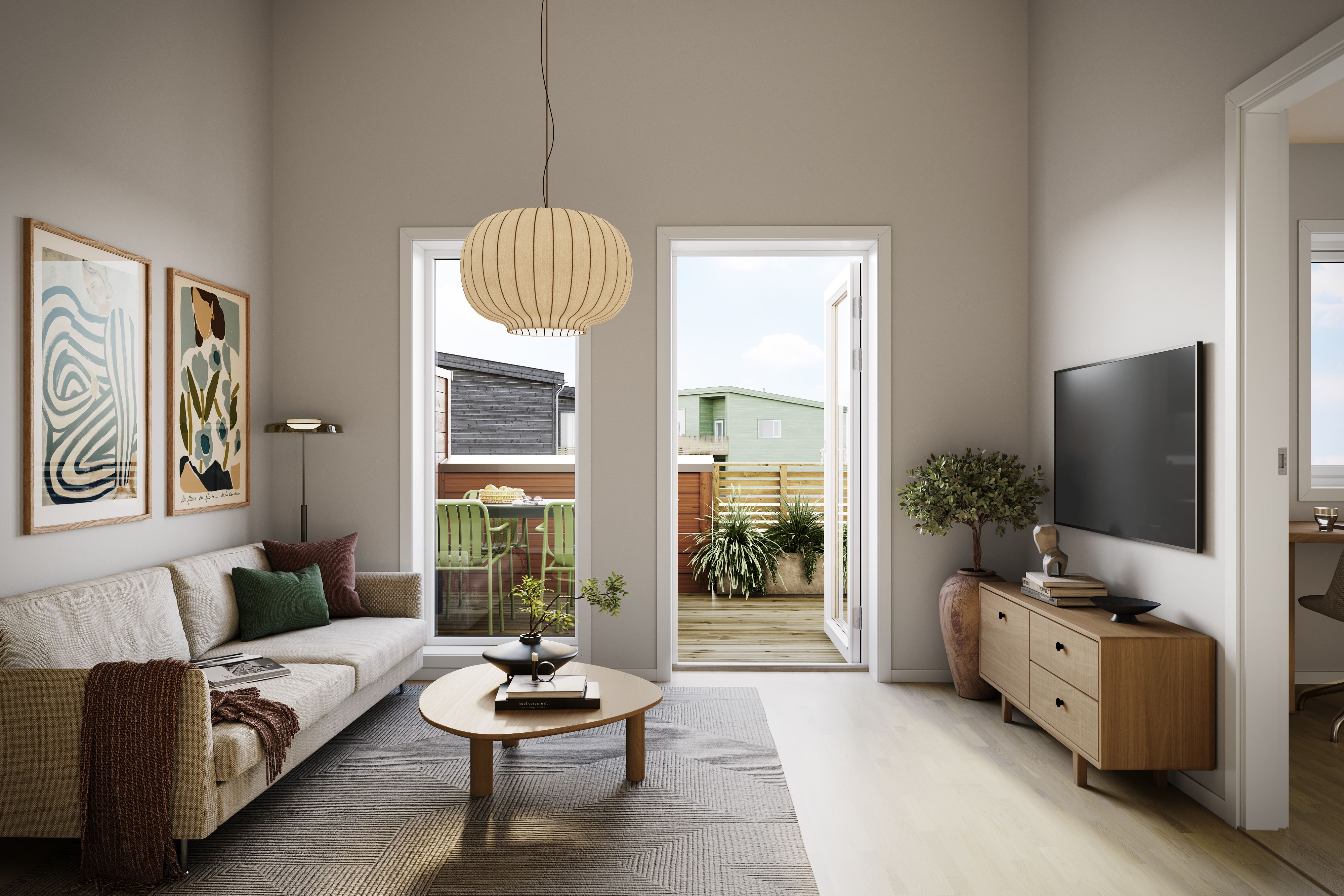 Illustrasjon av TV-stue og balkong i rekkehus, hus 9, på Pepperstad Terrasse B6