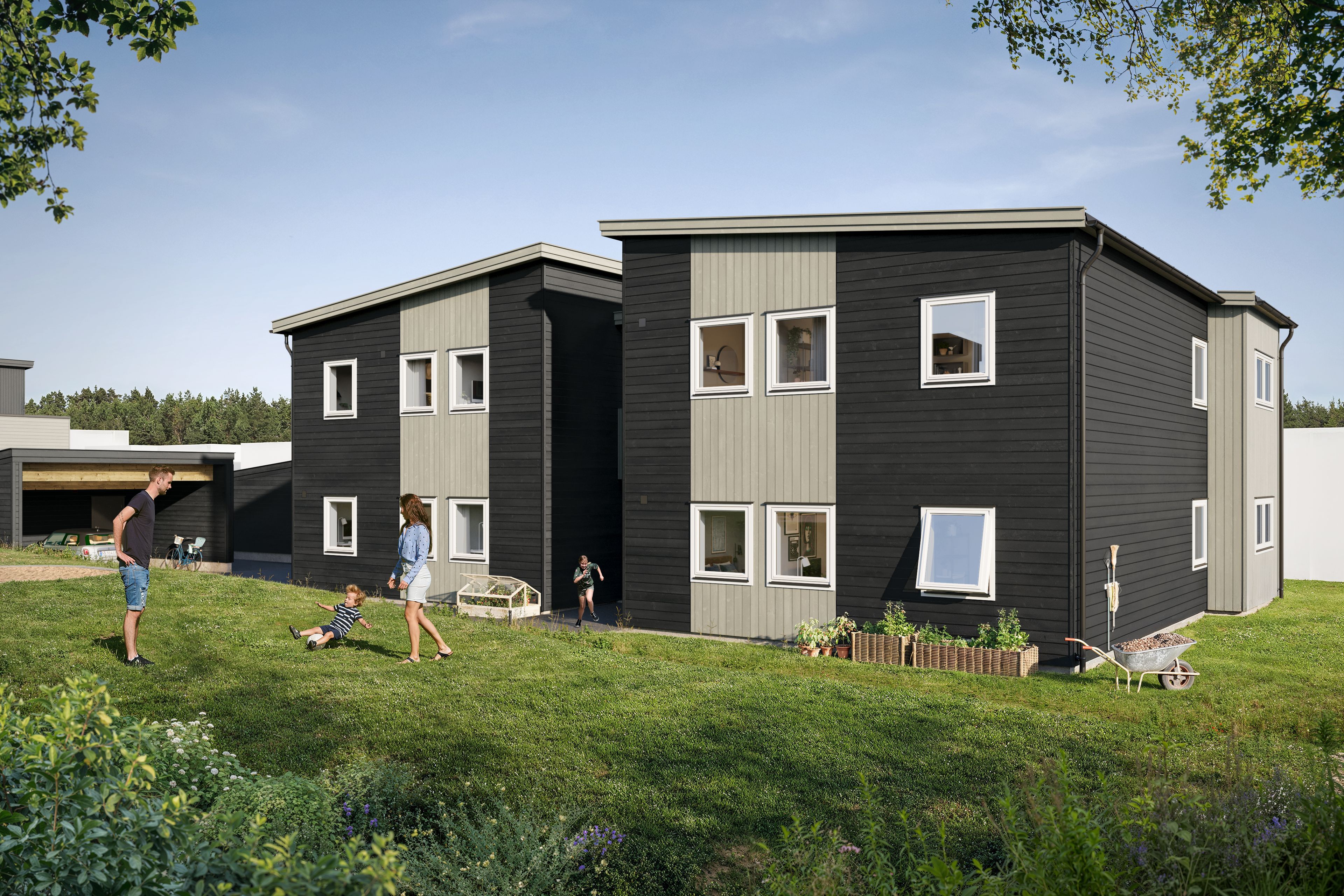 Illustrasjon av hagesiden av leilighetene i boligprosjektet Lundheim Hage, Ålesund
