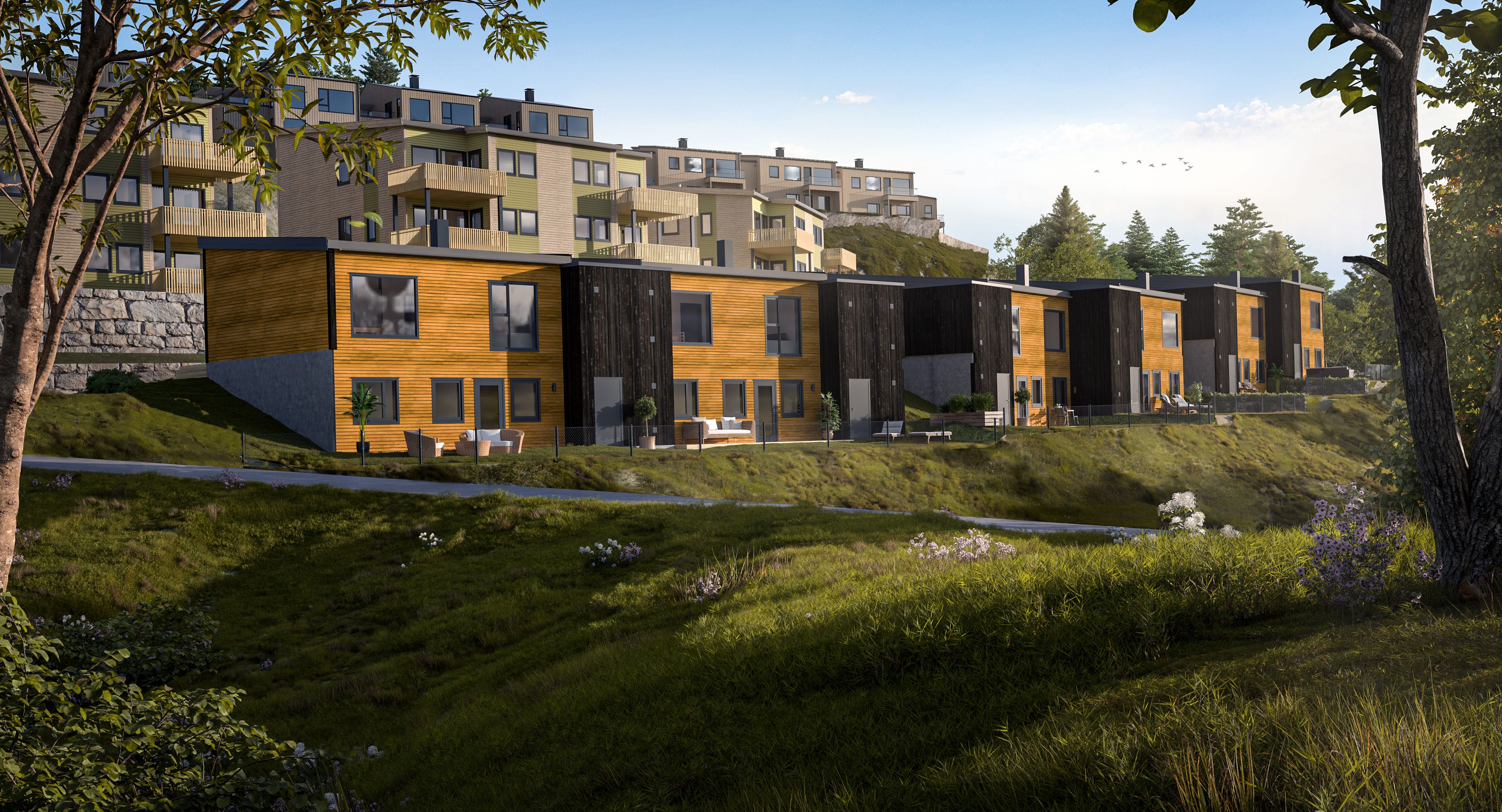 Illustrasjon av fasade på boliger i Drangsvann BKS16
