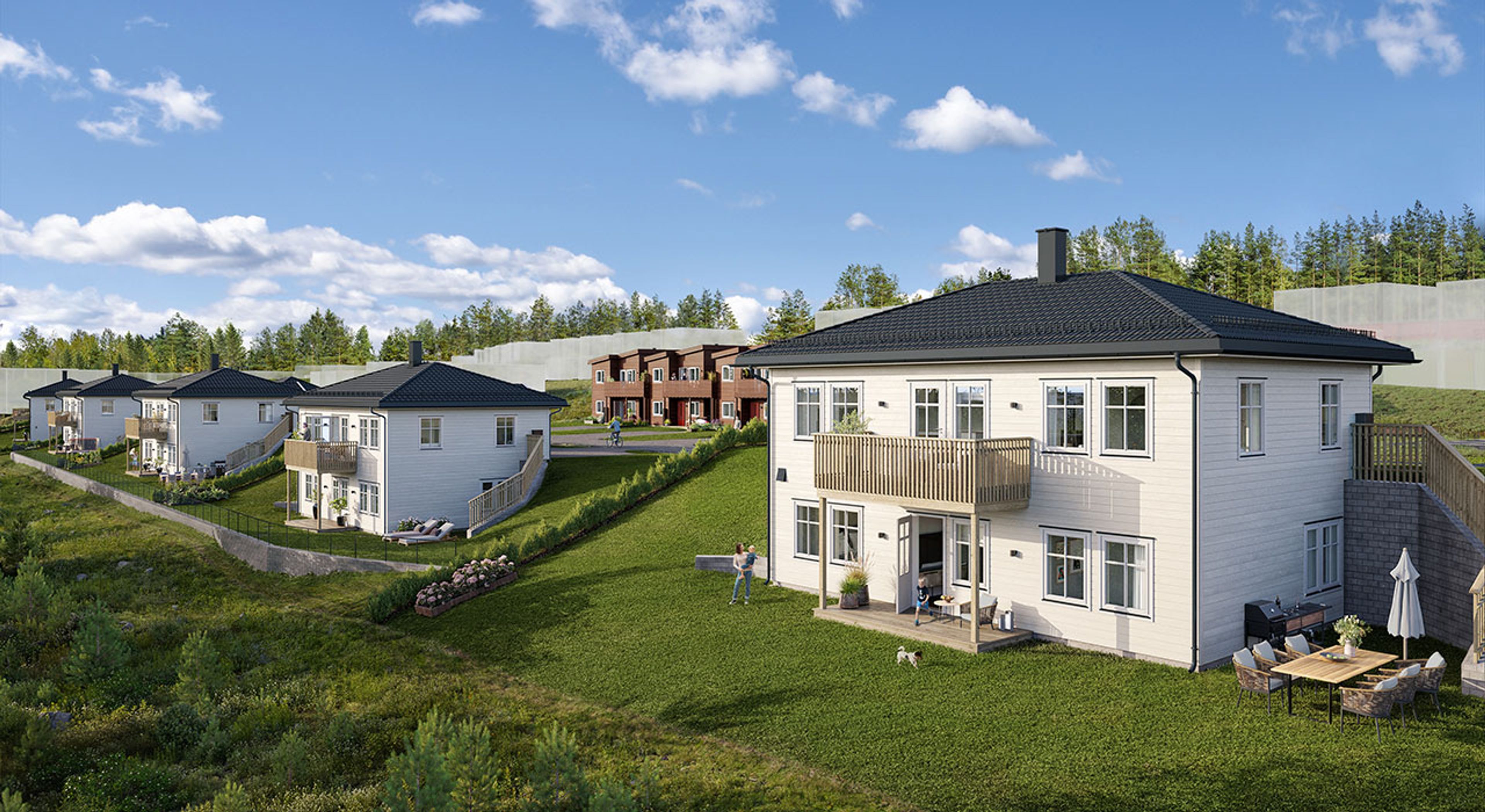 Illustrasjon av enebolig på Langerudberget BFS3, sett fra hagesiden
