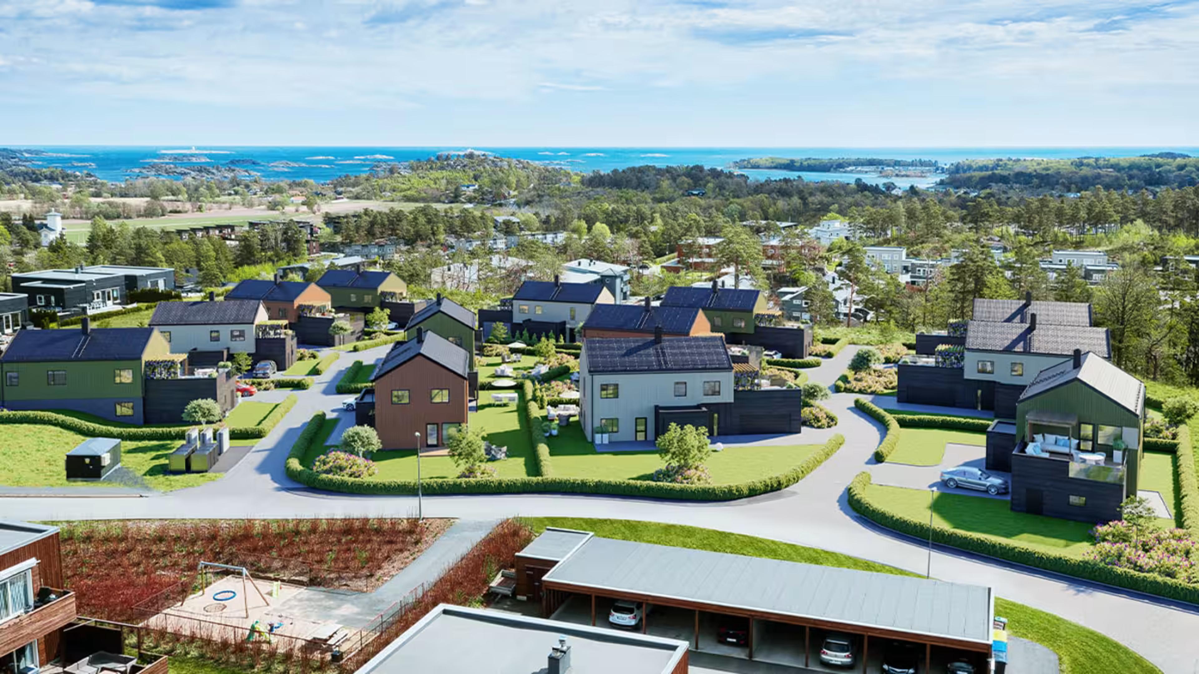 Illustrasjon av tomtene på Engene Platå (til høyre i bildet) med eksempelhus.

