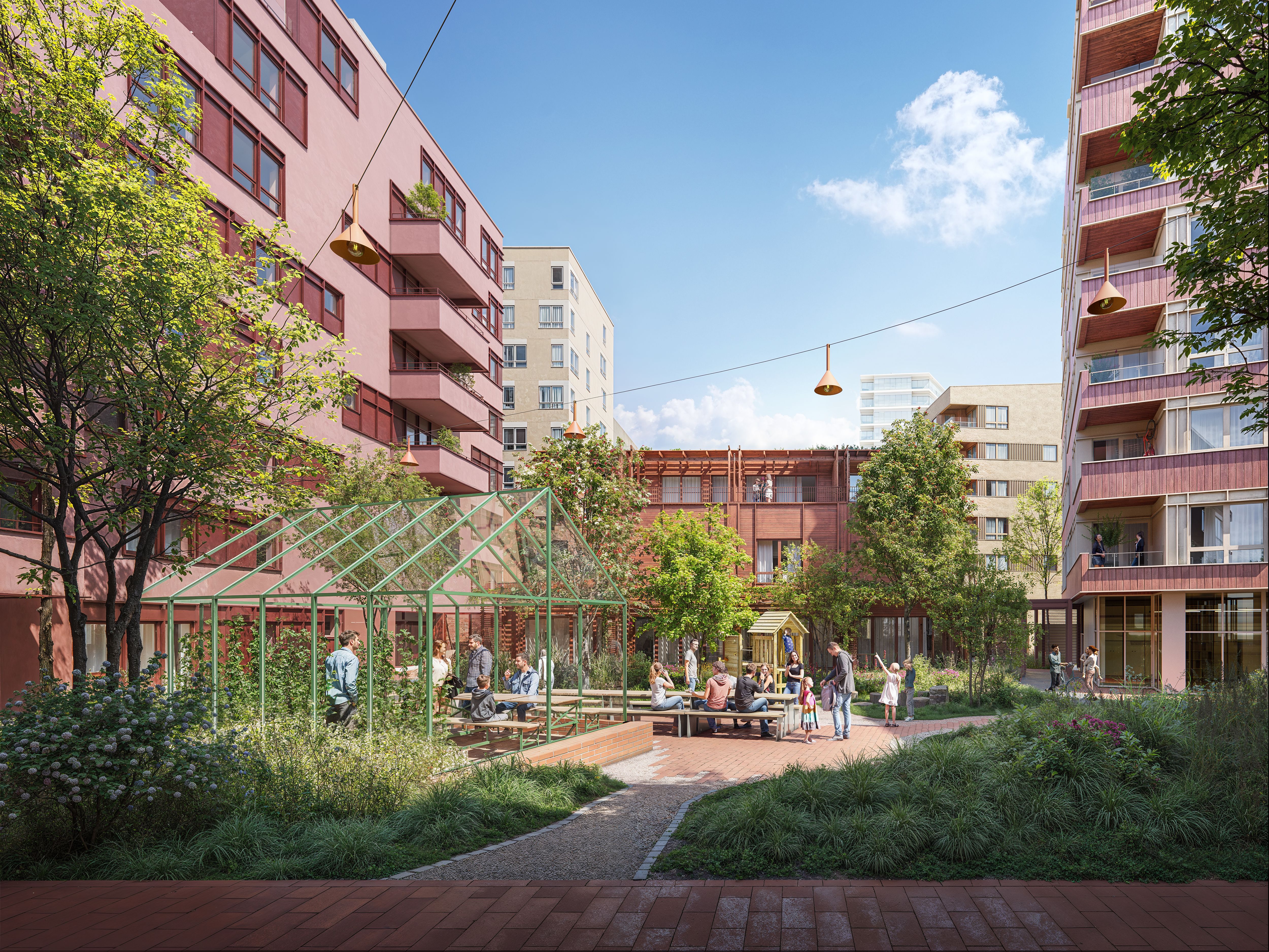 Illustrasjon av grøntområde med benker og drivhus