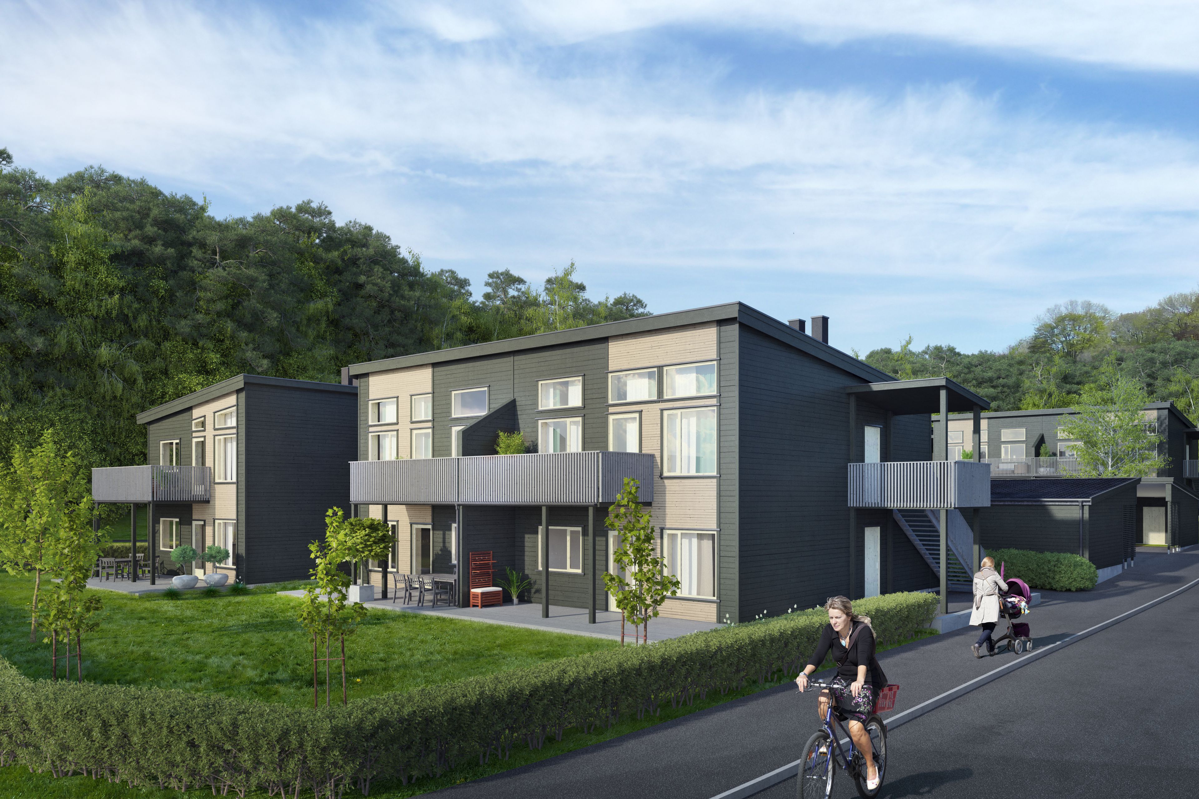 Illustrasjon av fasade på leiligheter på Thorbjørnsrød BKS1.2