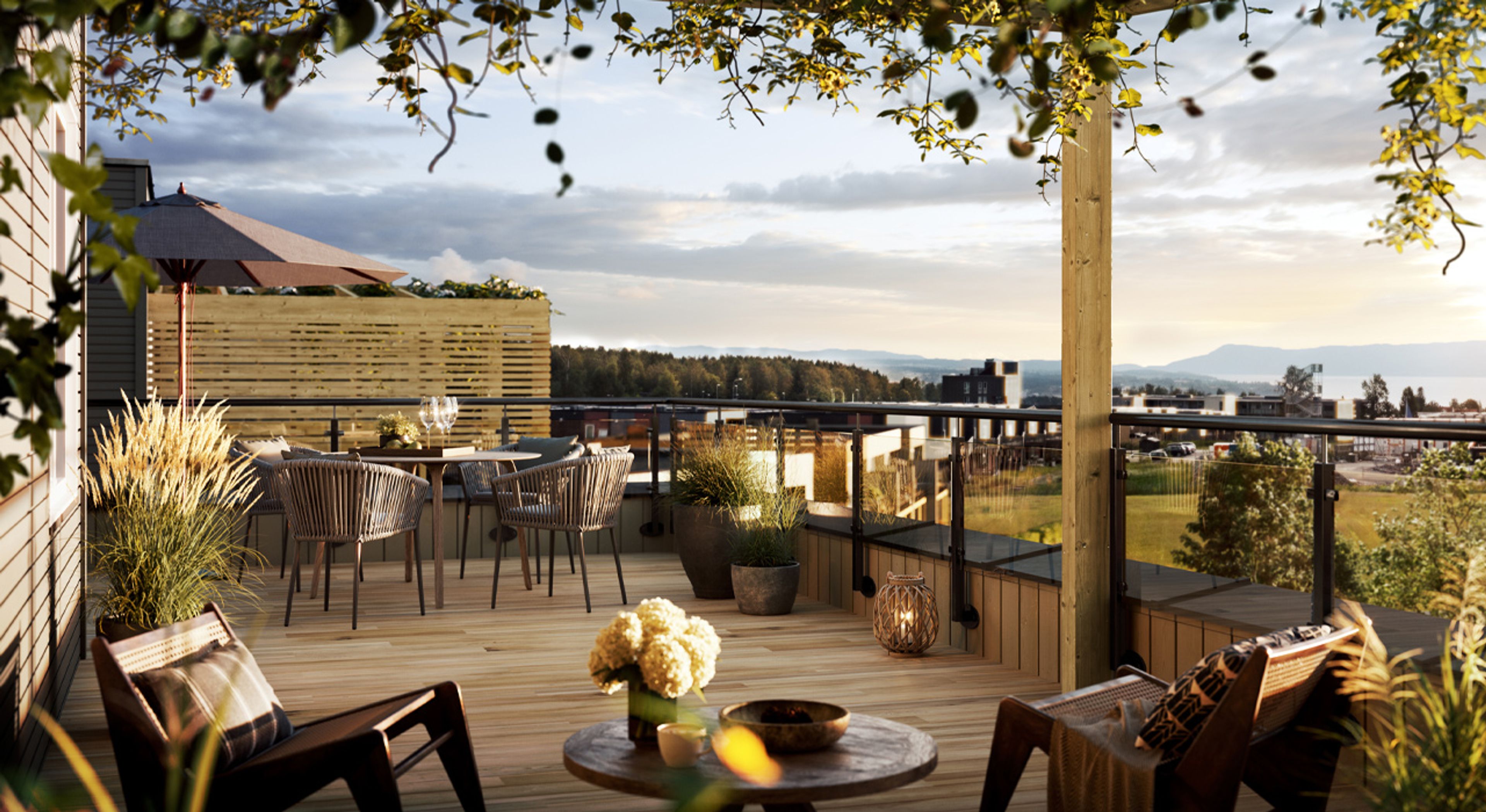 Illustrasjon av terrasse med utsikt mot Mjøsa.