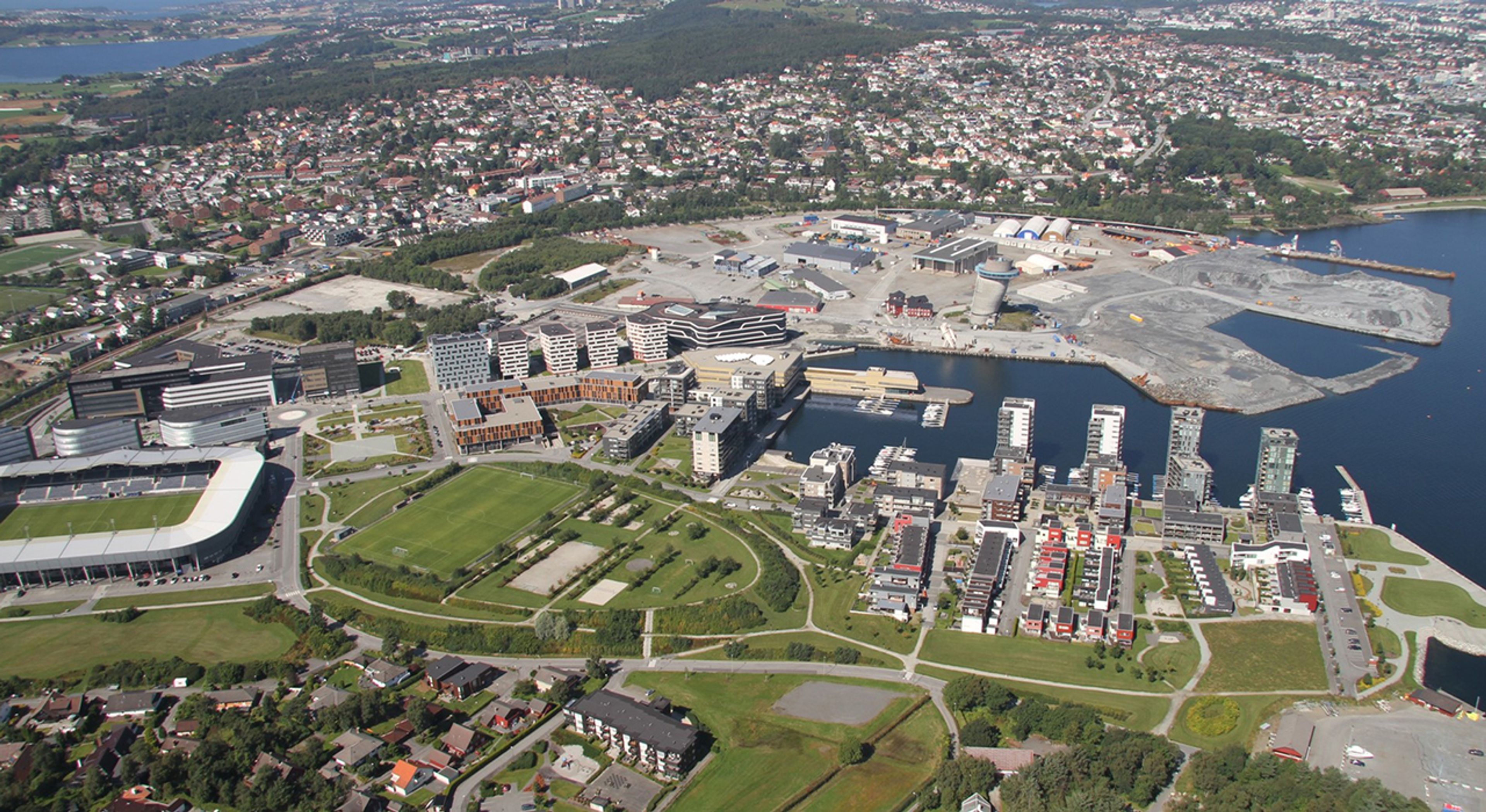 Oversiktsbilde over området i Stavanger, med illustrasjon av boligområdet Jättavågen.