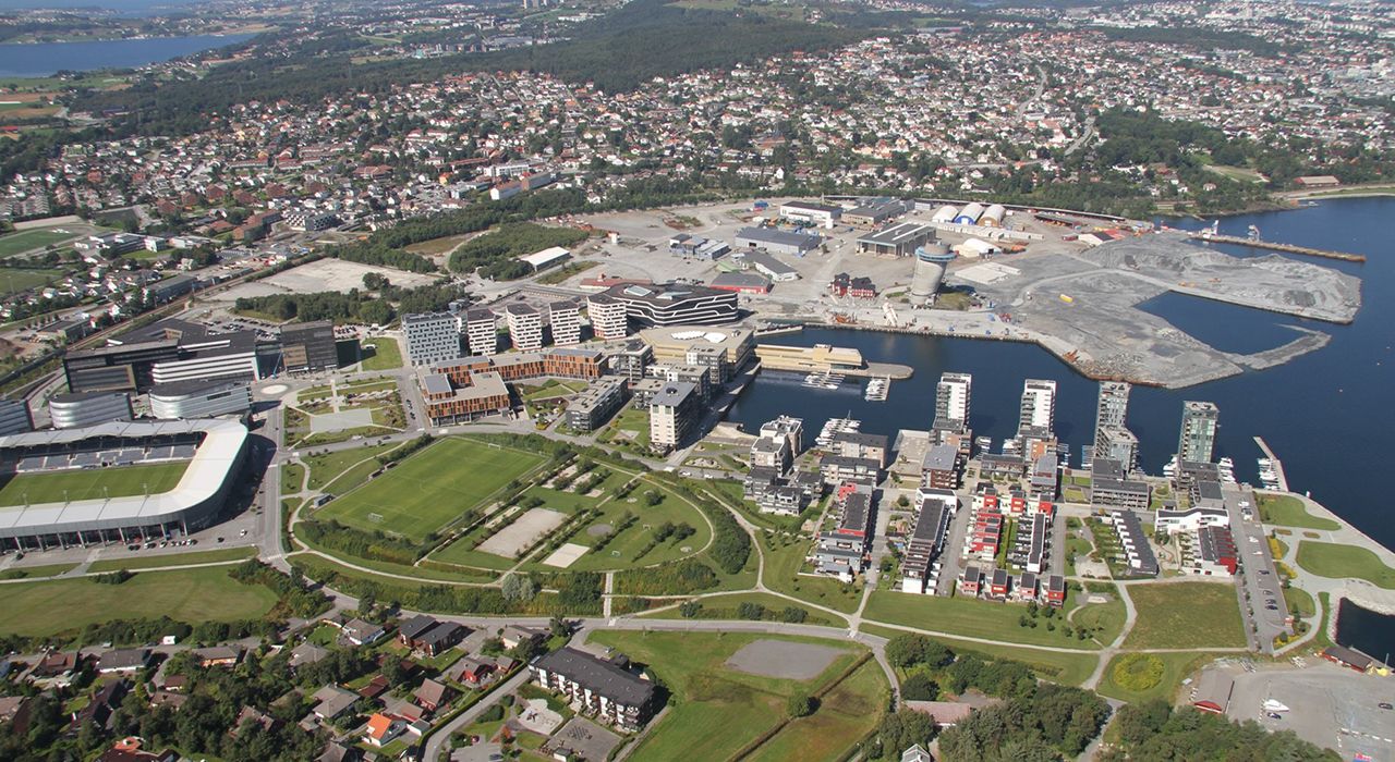 Oversiktsbilde over området i Stavanger, med illustrasjon av boligområdet Jättavågen.