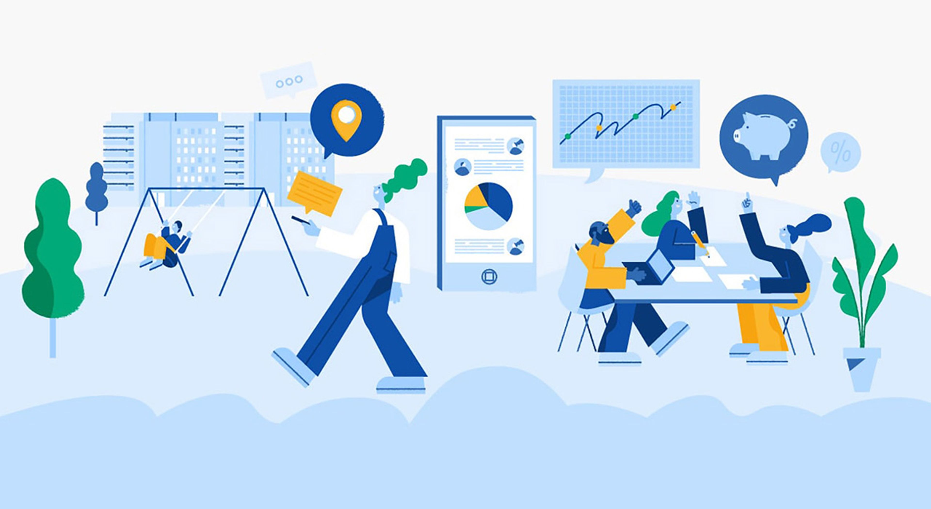 Illustrasjon av styremedlemmer som sitter i møte og en person som går HMS-kontroll på lekeplass