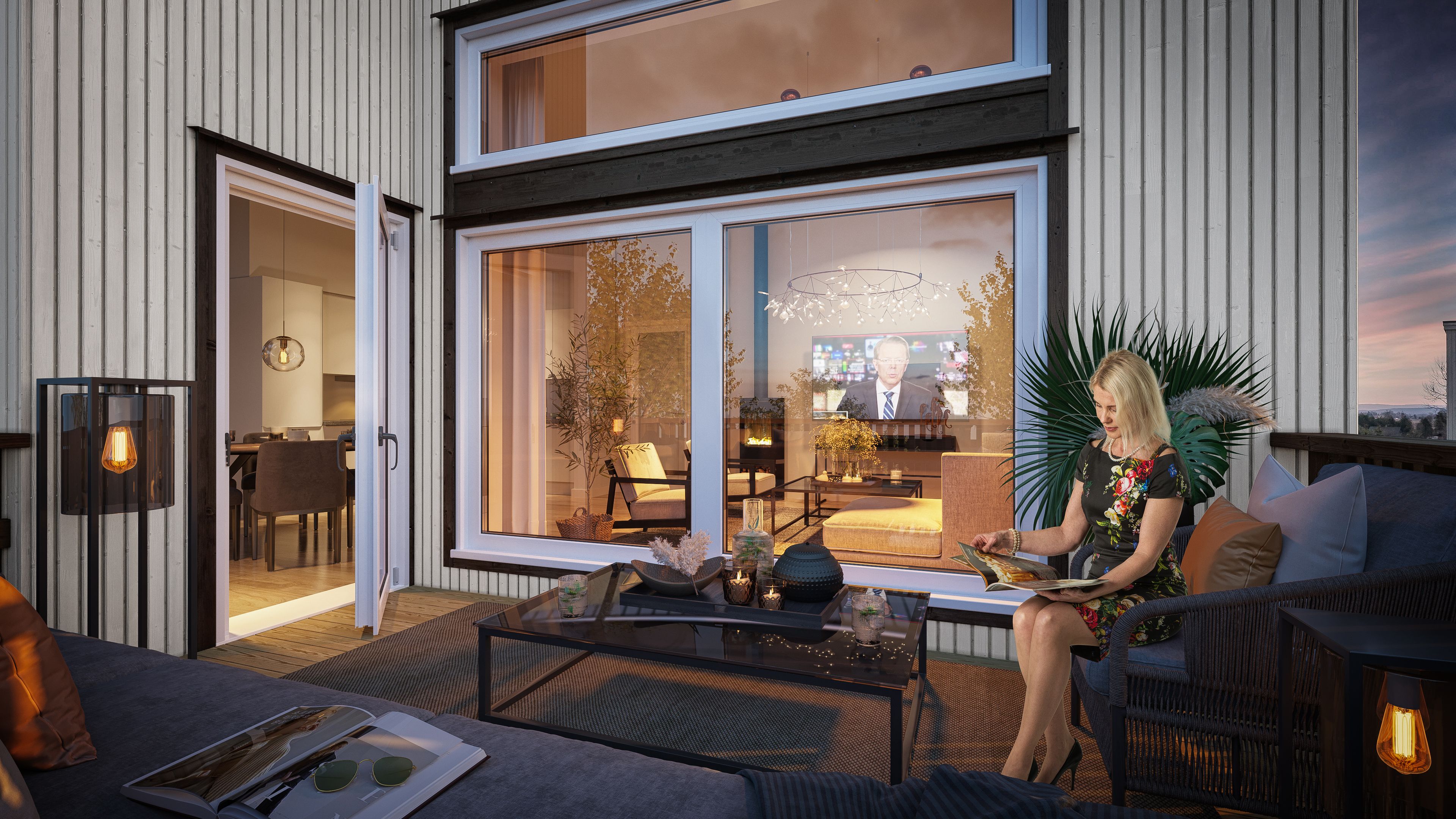 Illustrasjon av terrasse i leilighet i hus 1–3, på Eltonåsen Syd, BKS5.