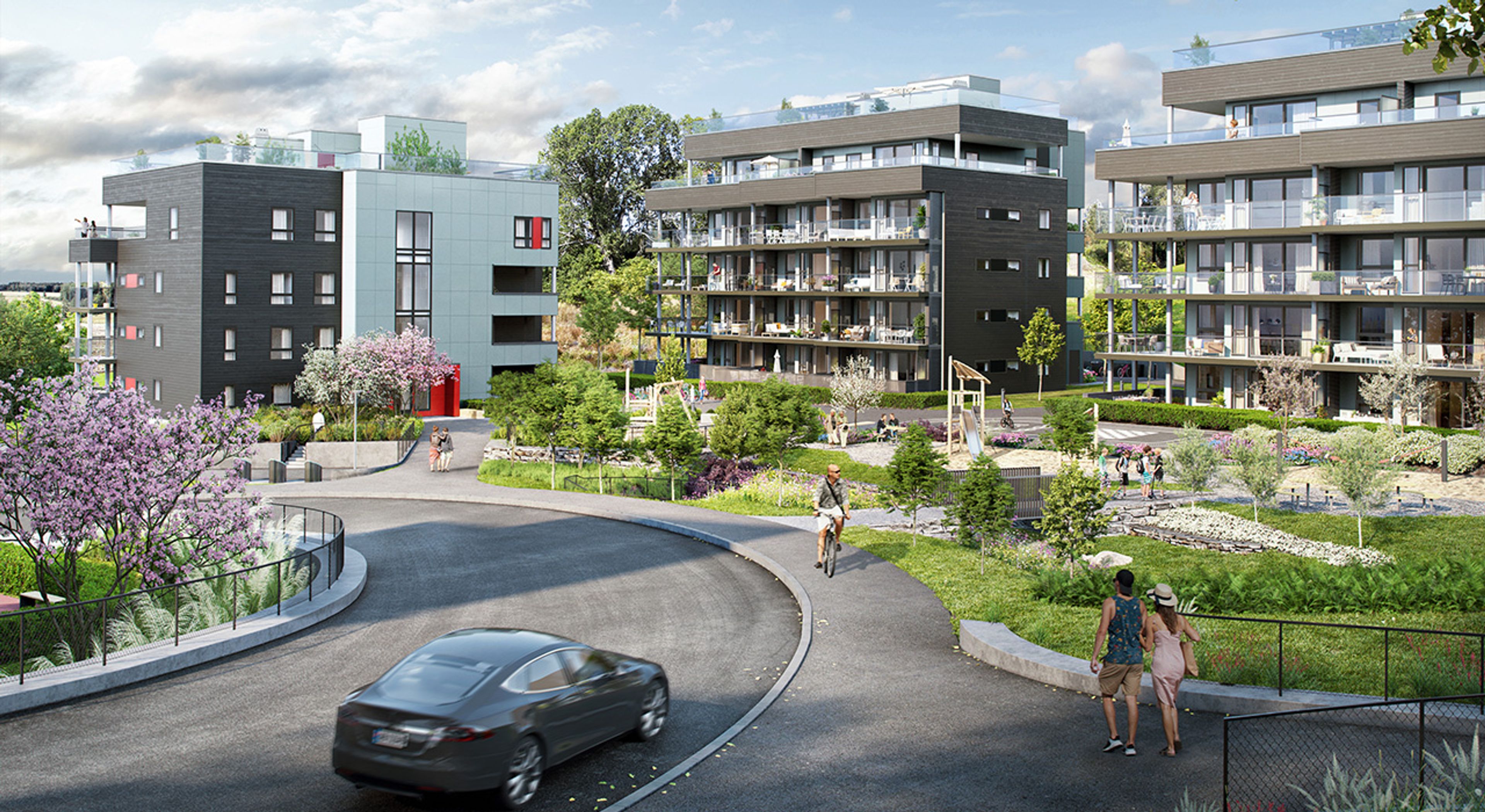 Illustrasjon av fasade på blokk 23, 25 og 27 på Eikelijordet