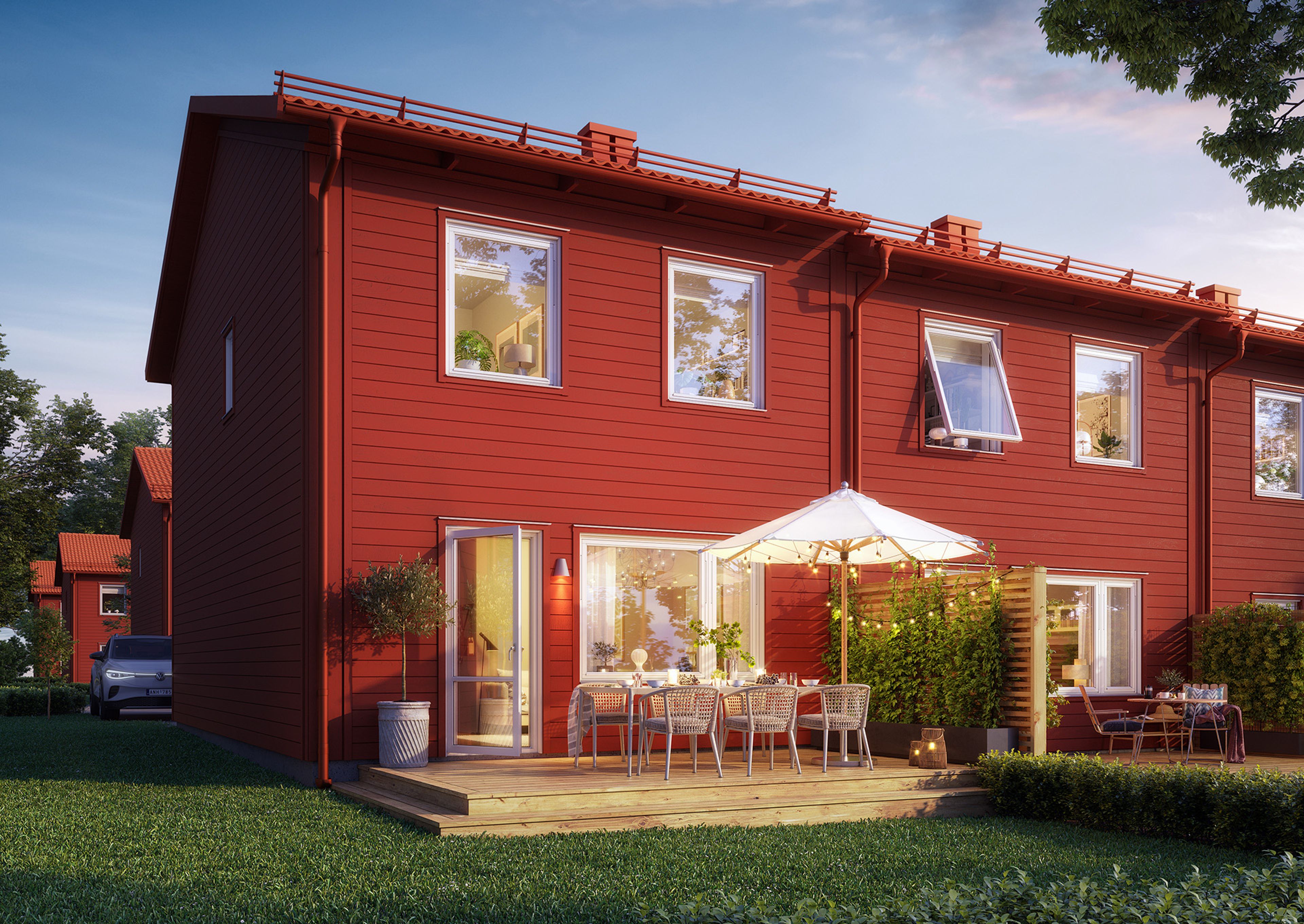 Illustrationsbild av altansida och trädgård till ett rött radhus i Brf Sommarglädjen