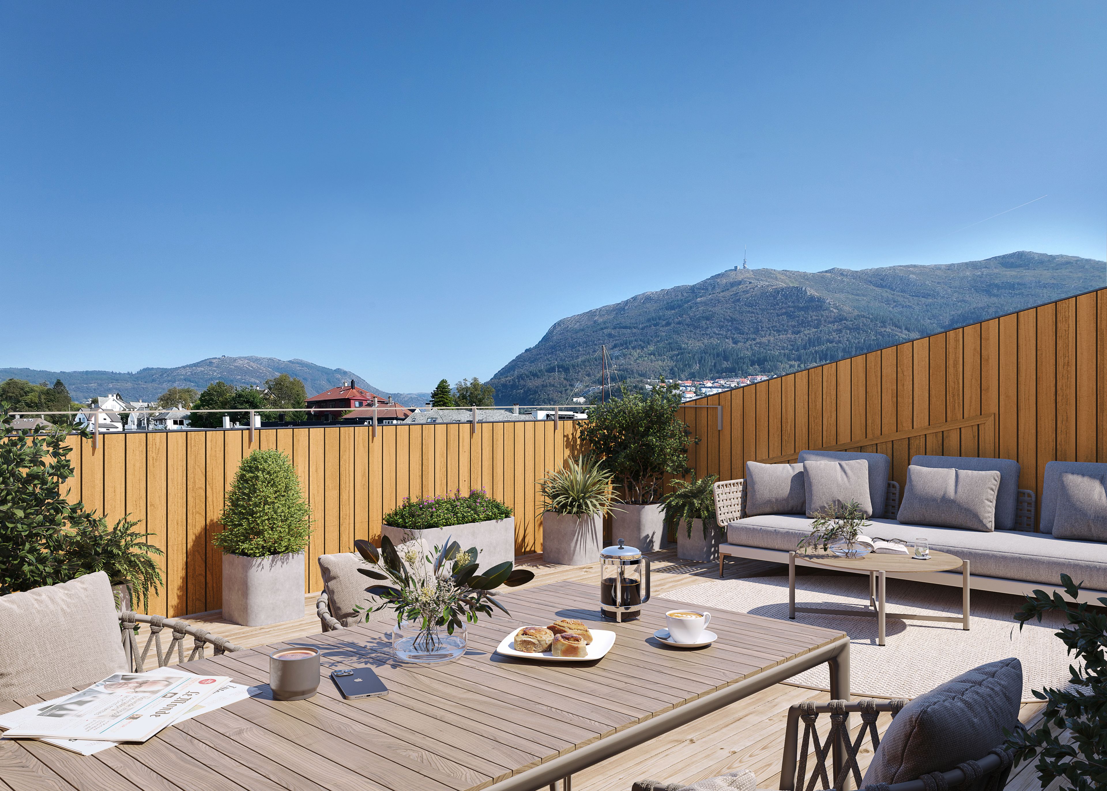 Takterrasse med utsikt mot Ulriken.