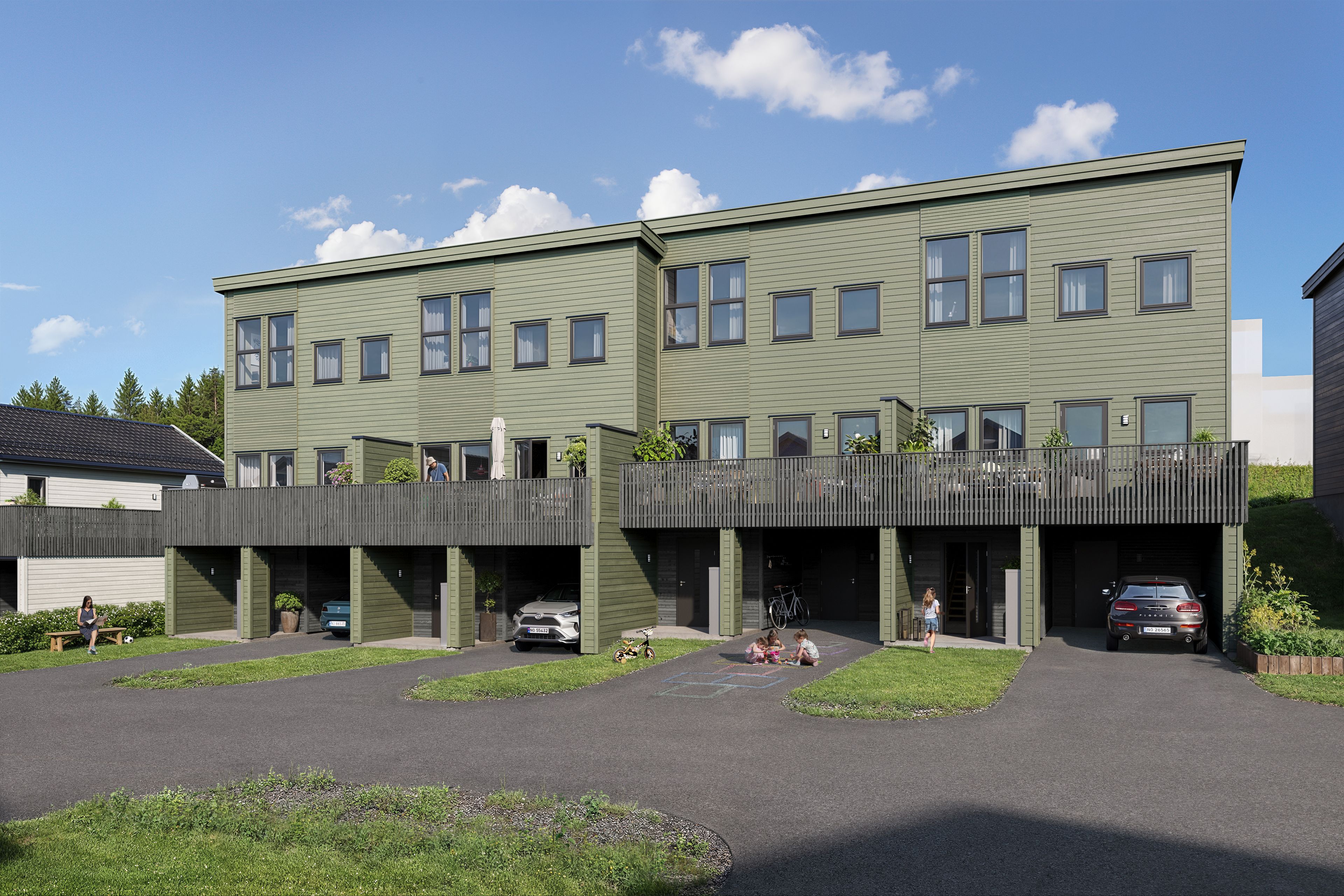 Illustrasjon av fasade på rekkehus av hustypen Trestakk, hus 21 til 24, i boligprosjektet Jessheim Sørøst