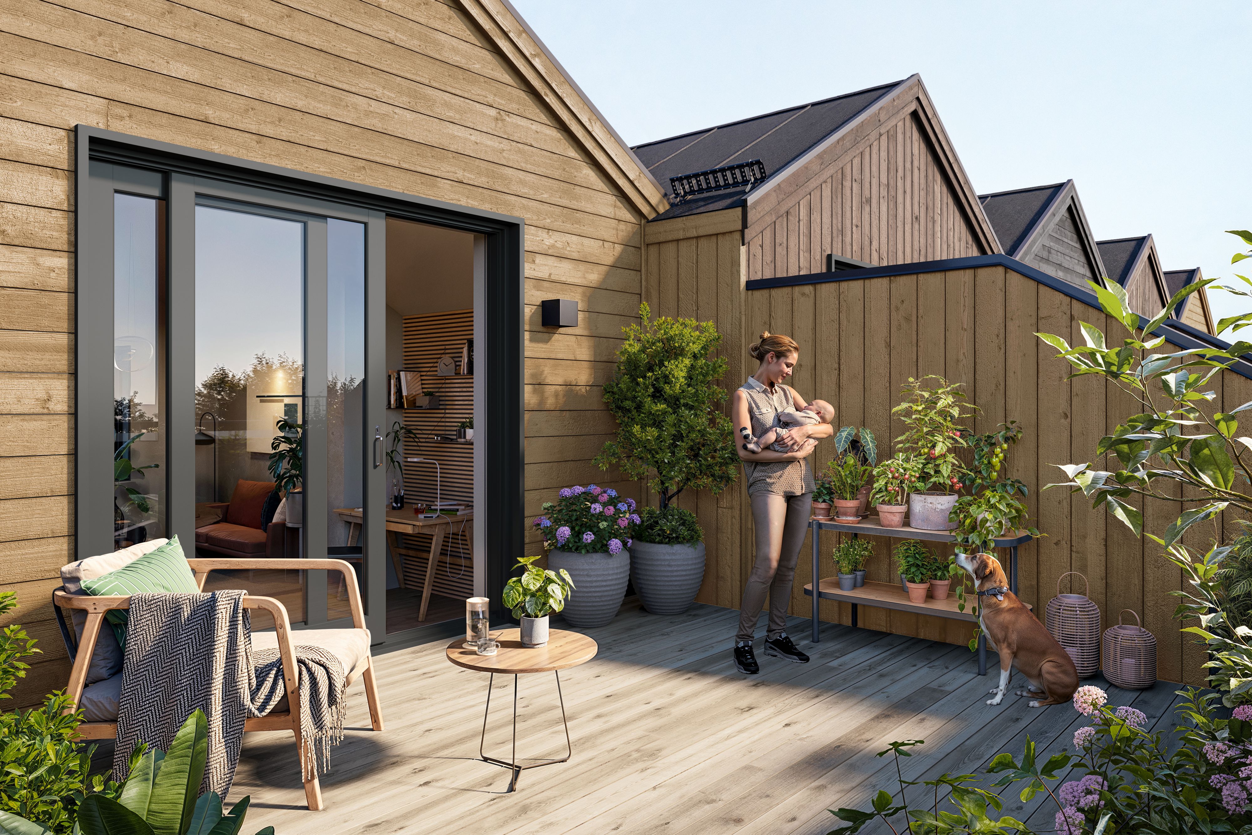 Illustrasjon av terrasse i rekkehus, hus 28-32, Øvre Steinaunet