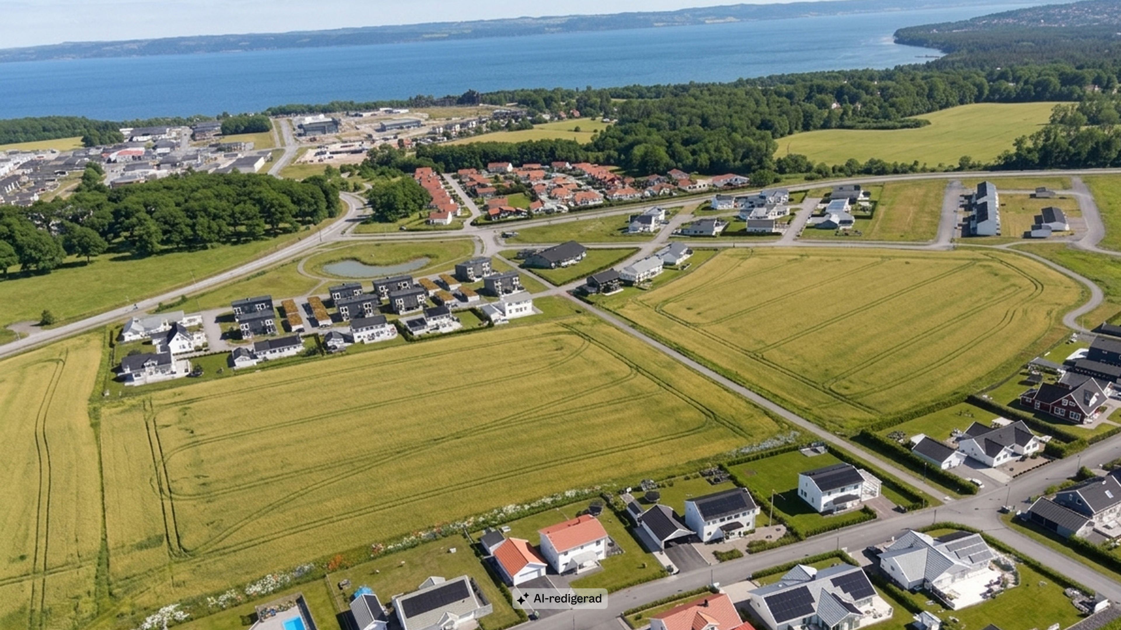 Flygfoto över Solhöjden, med Vättern i bakgrunden (AI redigerad)