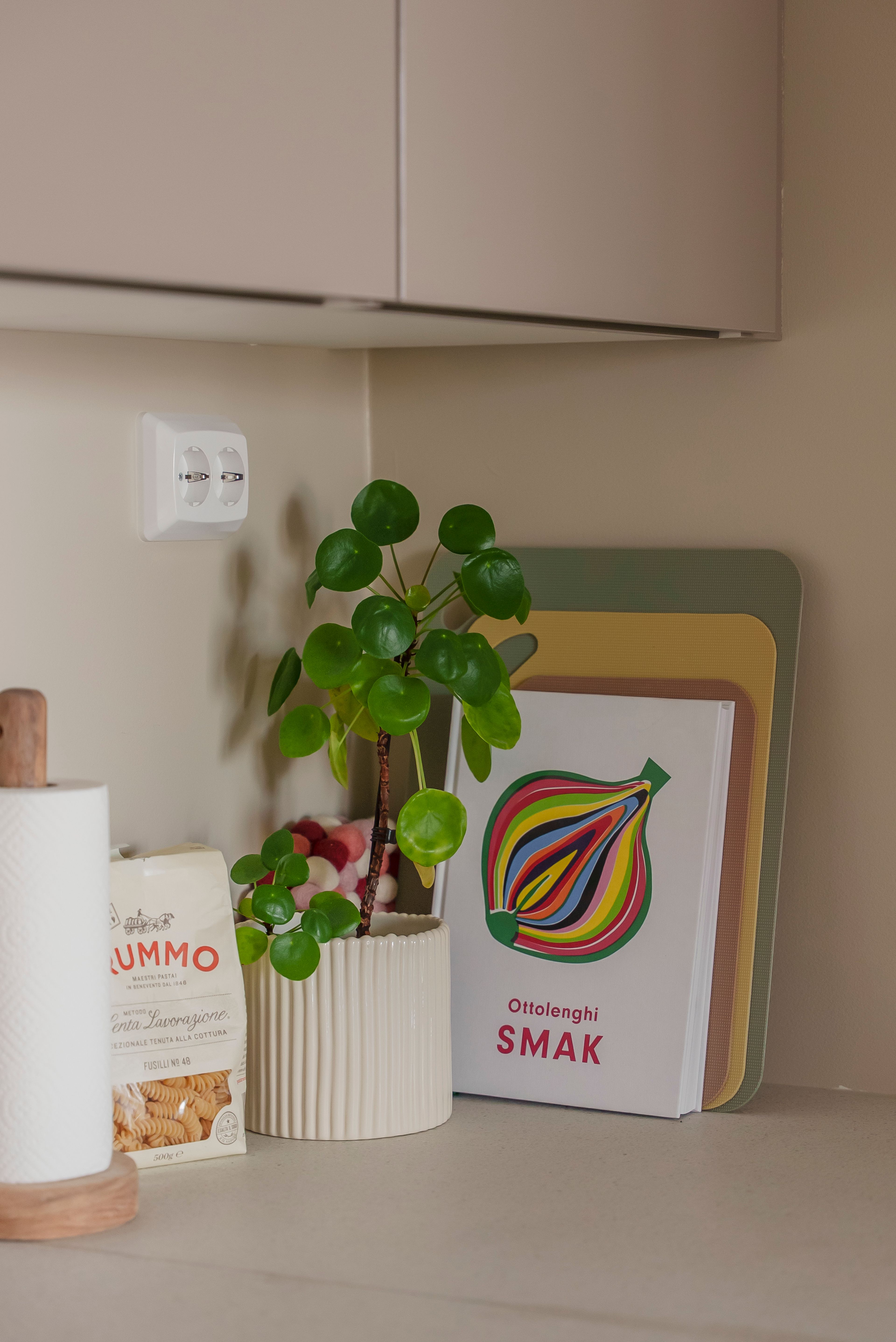 Detaljbilde fra kjøkkenet av en grønn potteplante, kokebok og skjærefjøler.