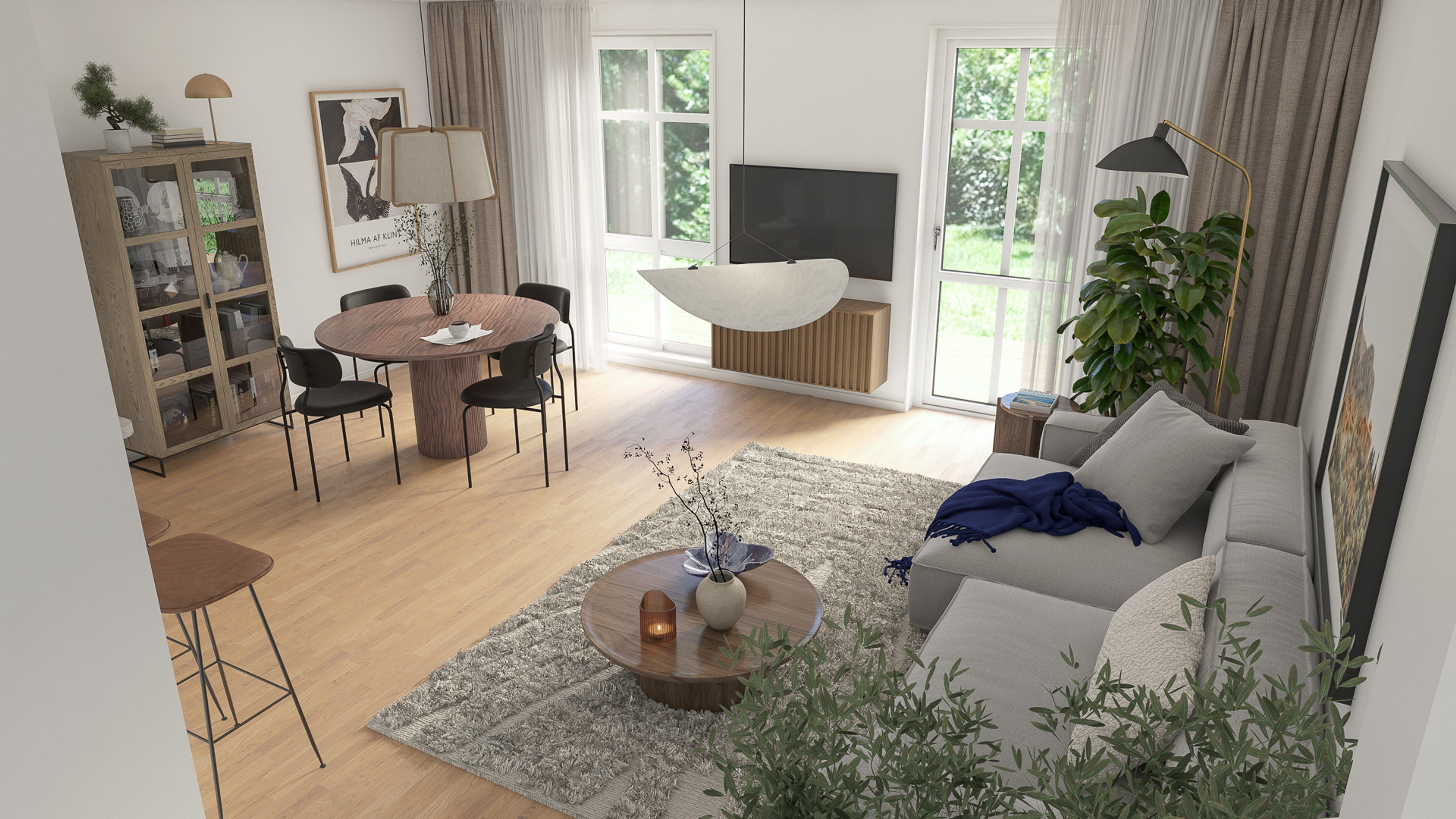 Bild vardagsrum med soffa och matbord