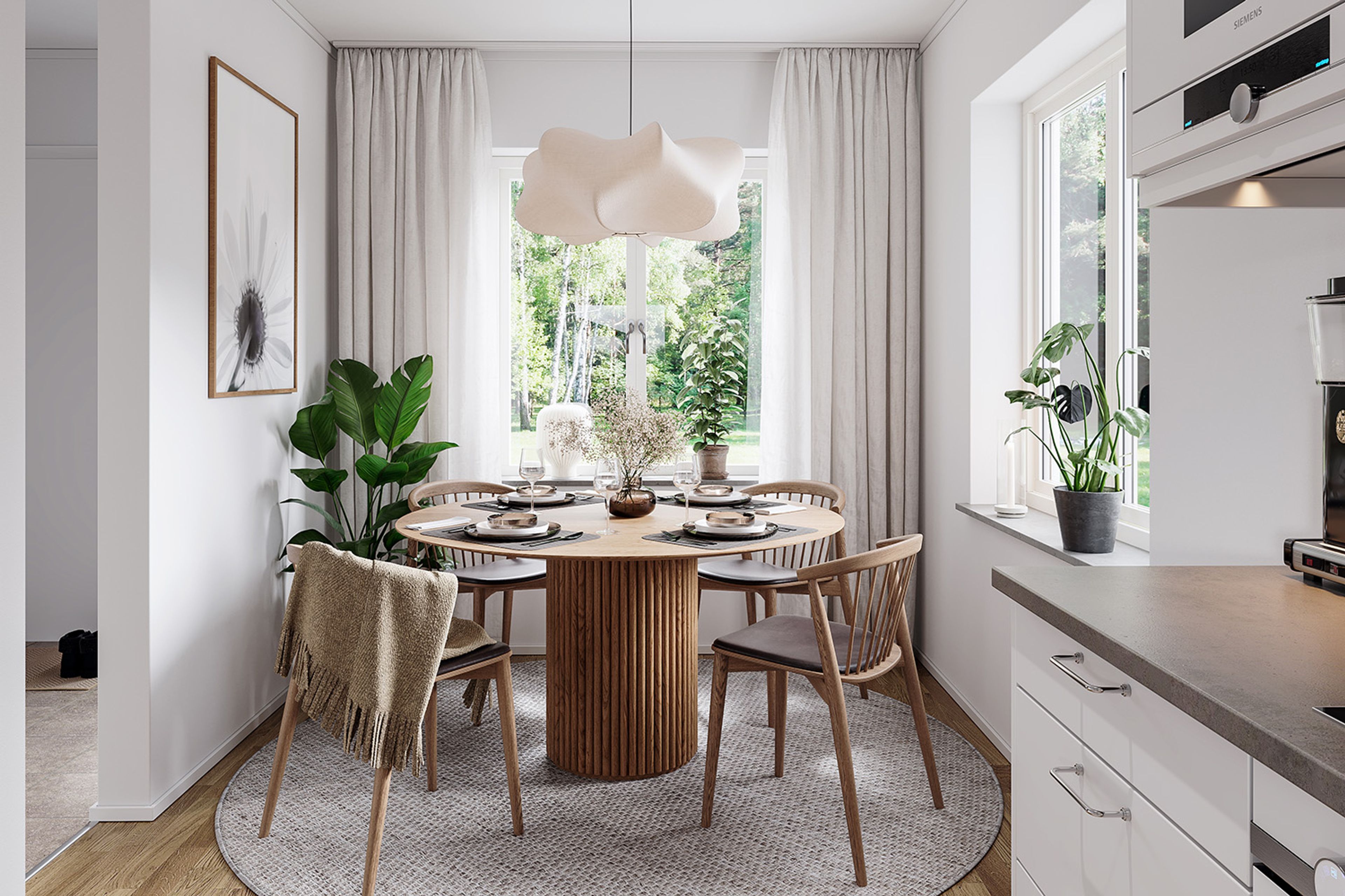 3D illustration av matplats med runt bord och fyra stolar samt två stora fönsterpartier
