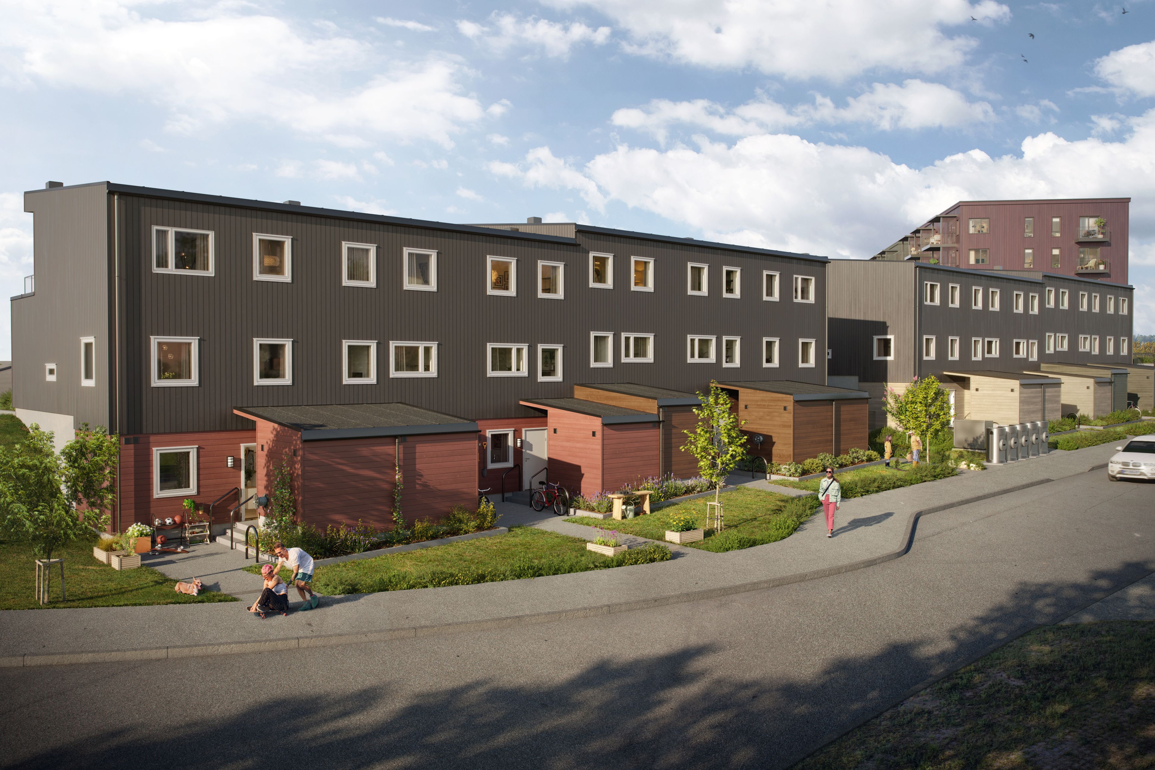 Illustrasjon av inngangssiden av hus 16 og 17 på Flatåsenga