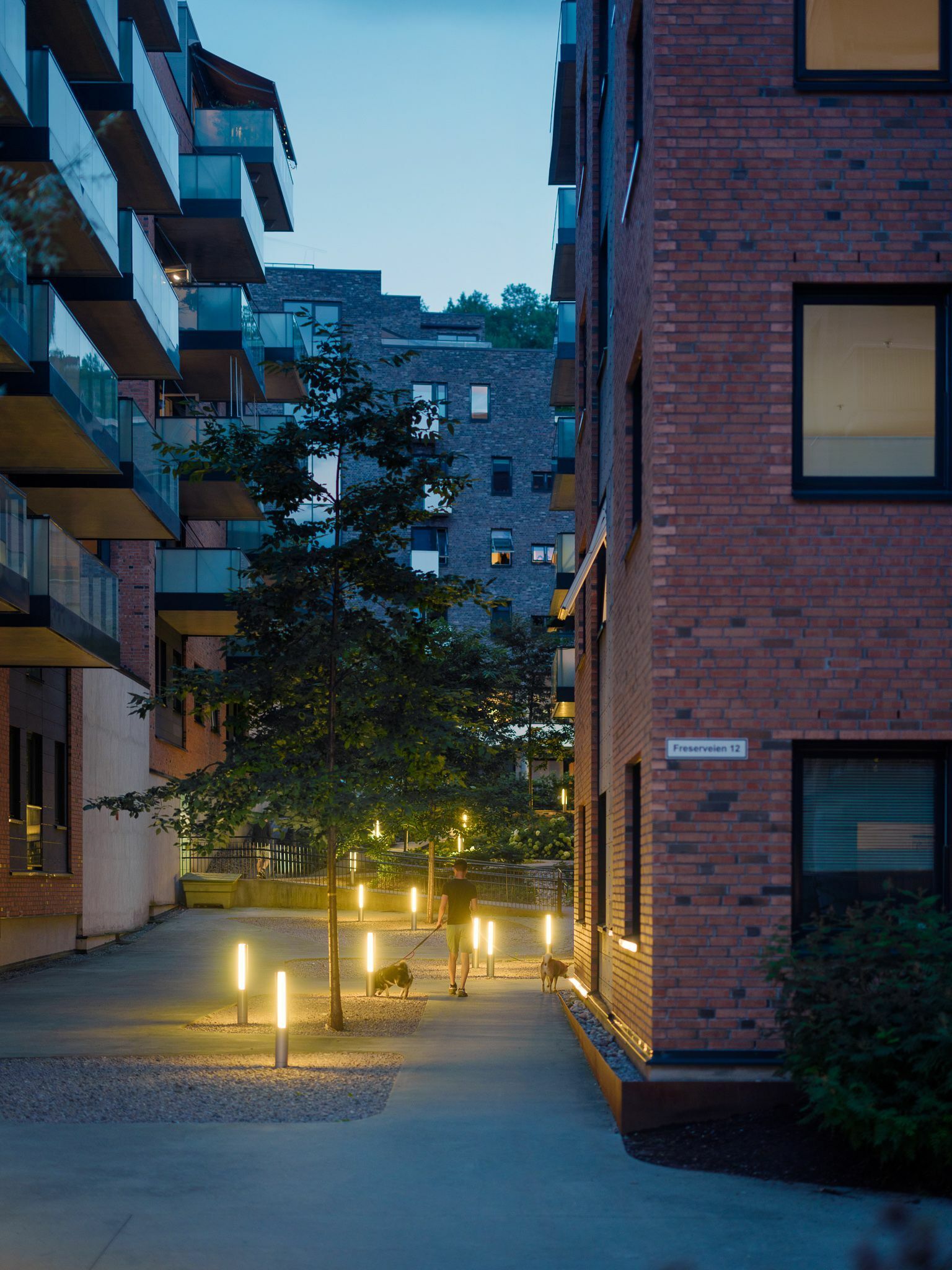 Mann som går tur med hunder i opplyst sidegate i Kværnerbyen