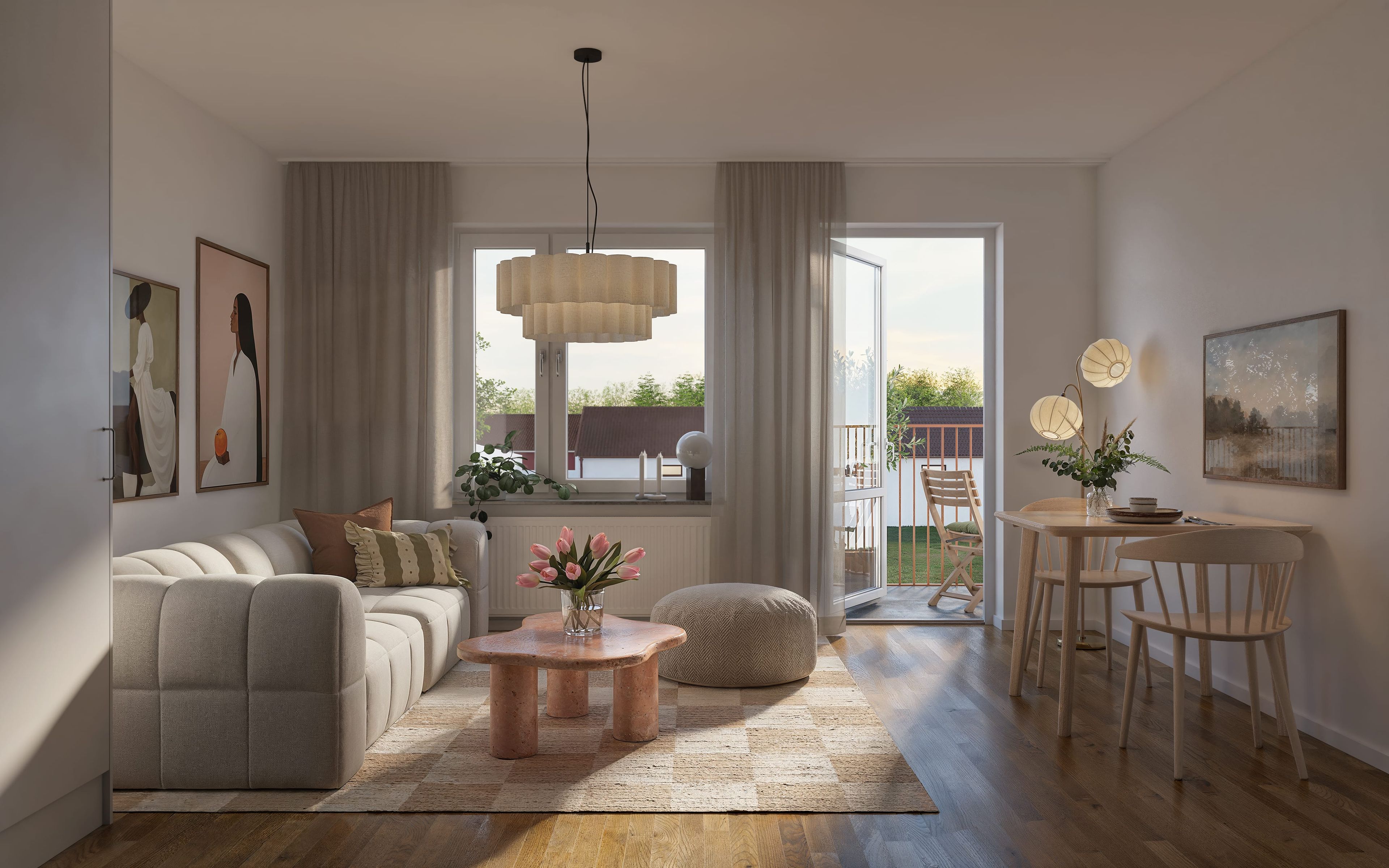 Illustrationsbild av ett vardagsrum med soffa och liten matplats