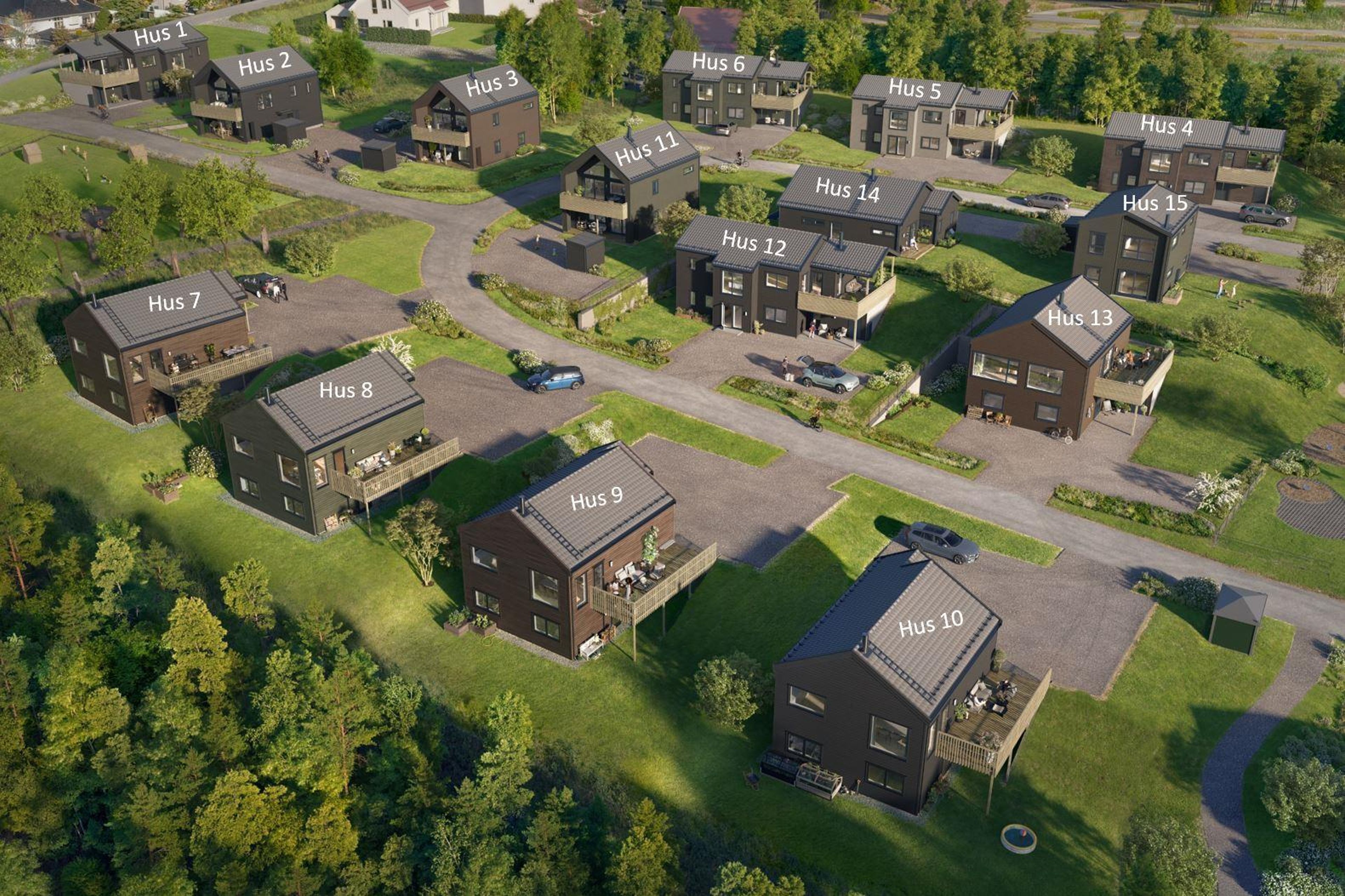 Oversikt over nabolaget med eneboliger på Åsen gård