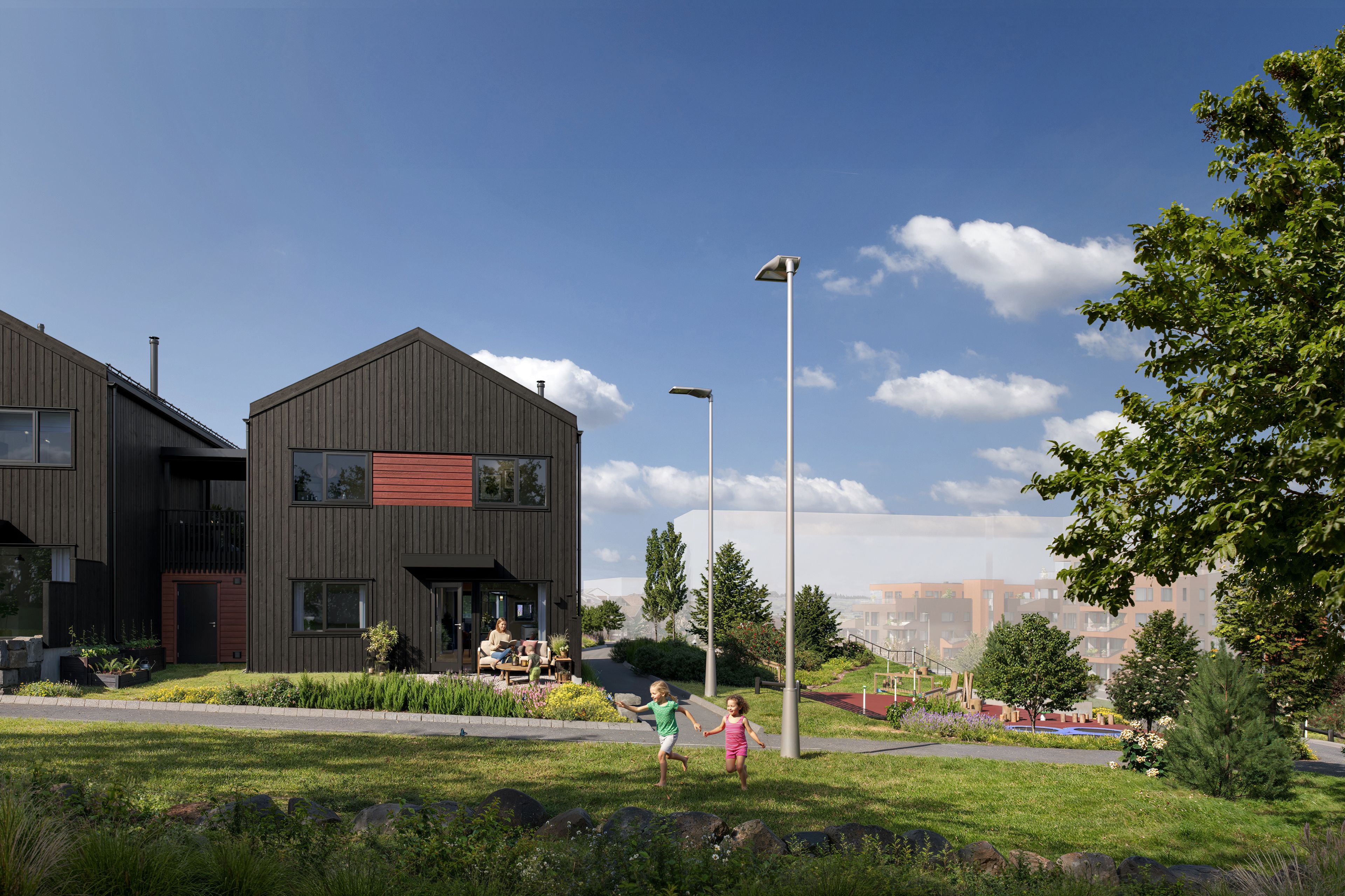 Illustrasjon av enebolig, sett fra hagesiden, Skadberg Vest