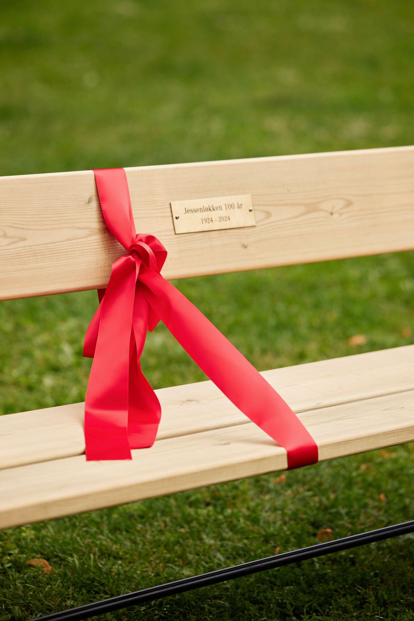 En benk med sløyfe på. På plaketten står det «Jessenløkken 100 år. 1924–2024.»