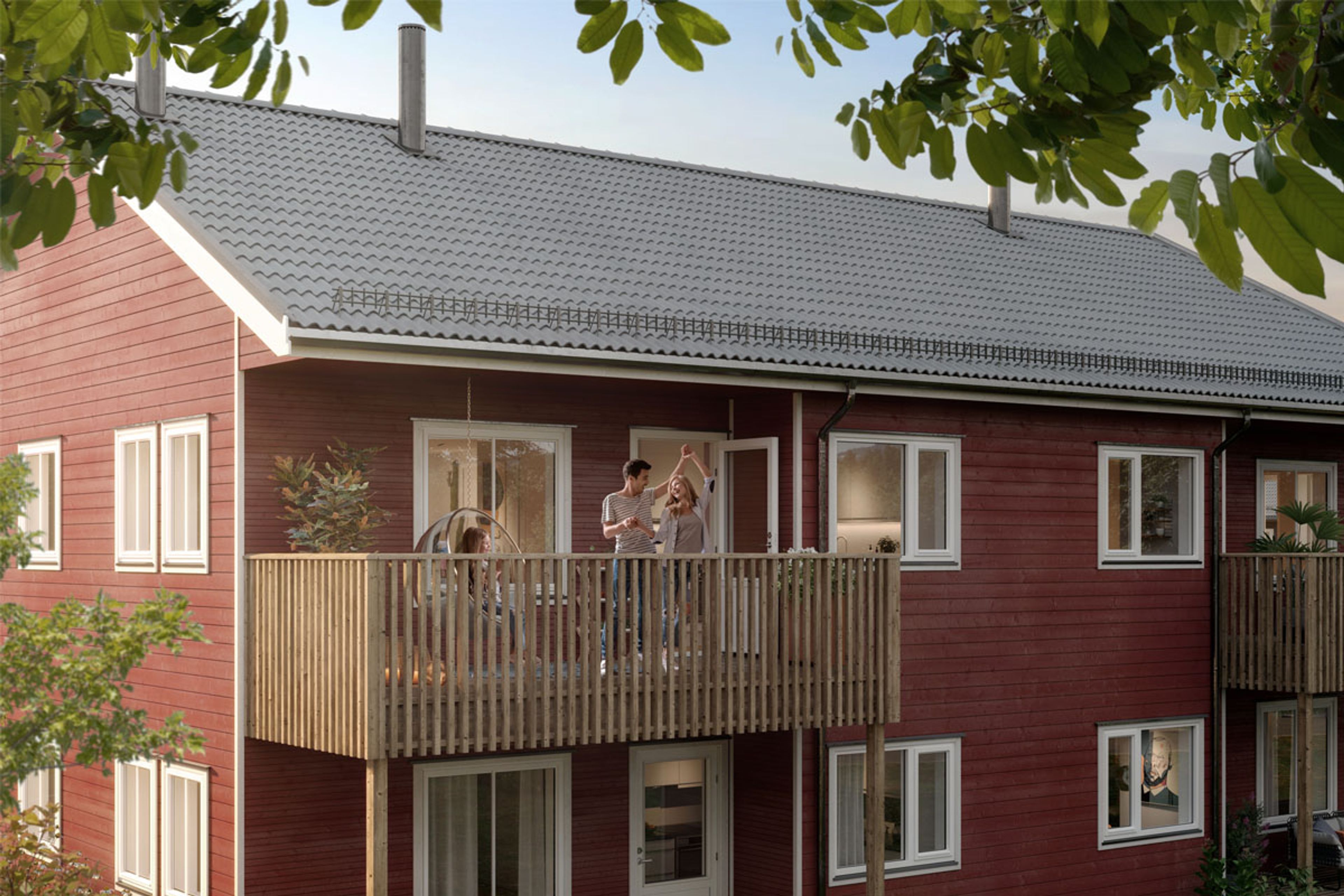 Illustrasjon av fasade og balkong, hus 5