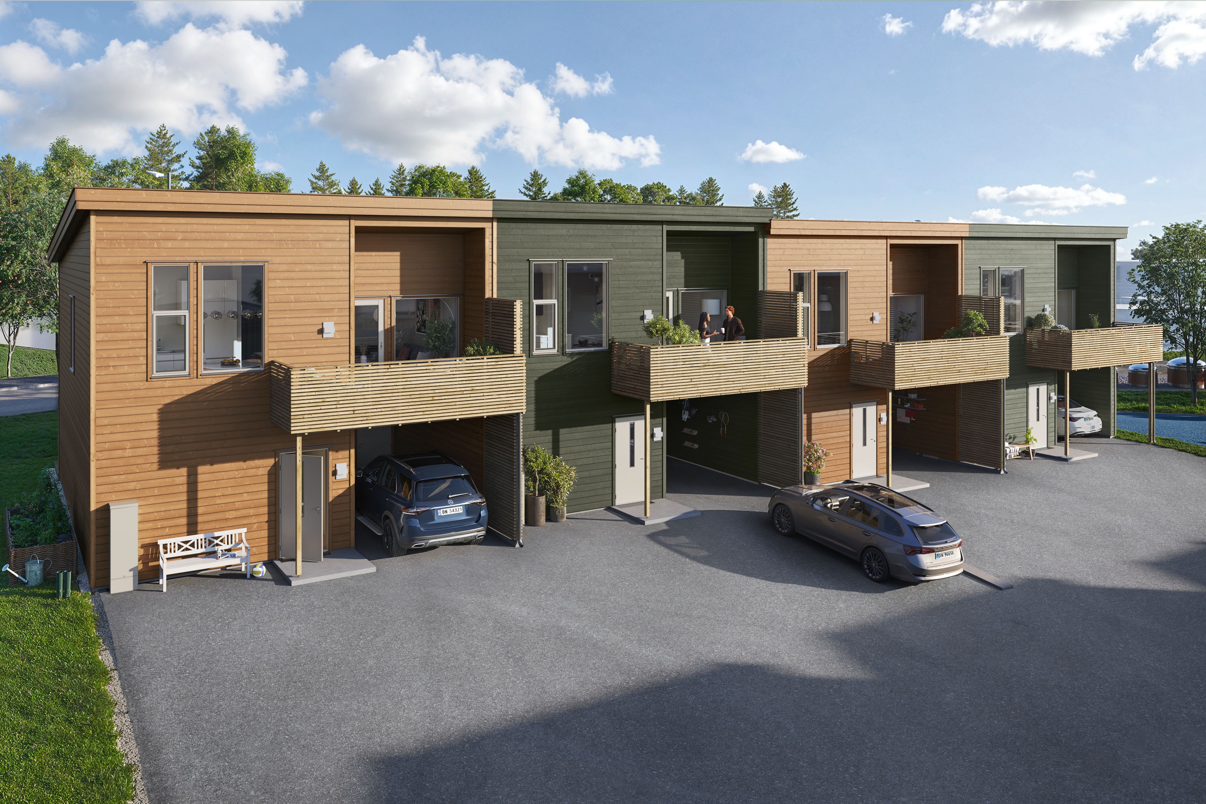 Illustrasjon av fasade på rekkehus, hus 8, på Pepperstad Terrasse B6