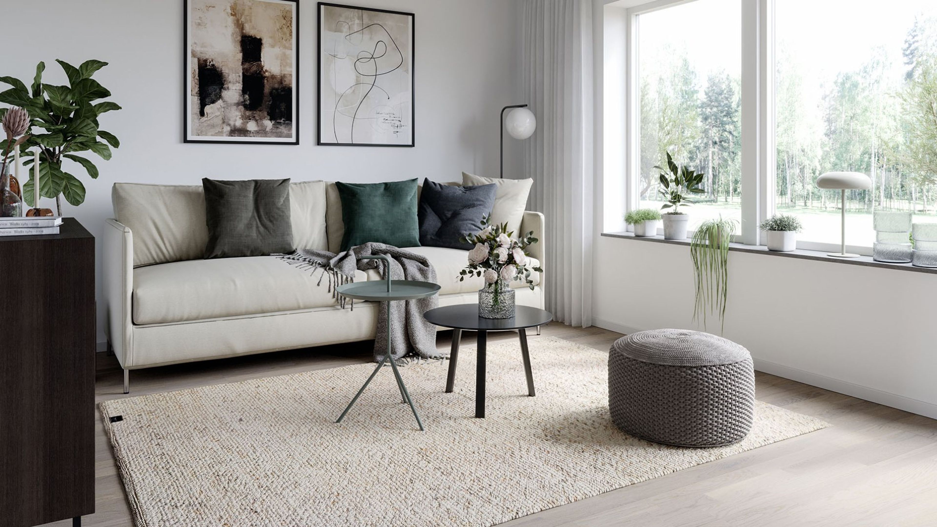 Illustrationsbild av vardagsrum med beige soffa och stora fönsterpartier