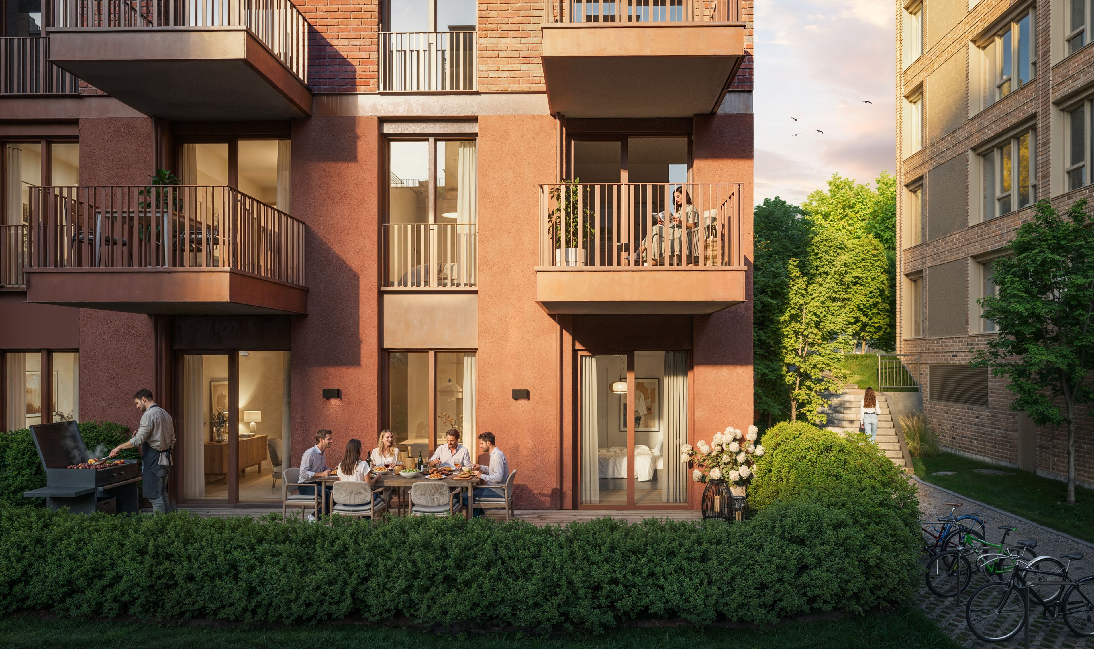 Illustrasjon av fasade og markterrasse i Versalen, Trykkeriet Nydalen