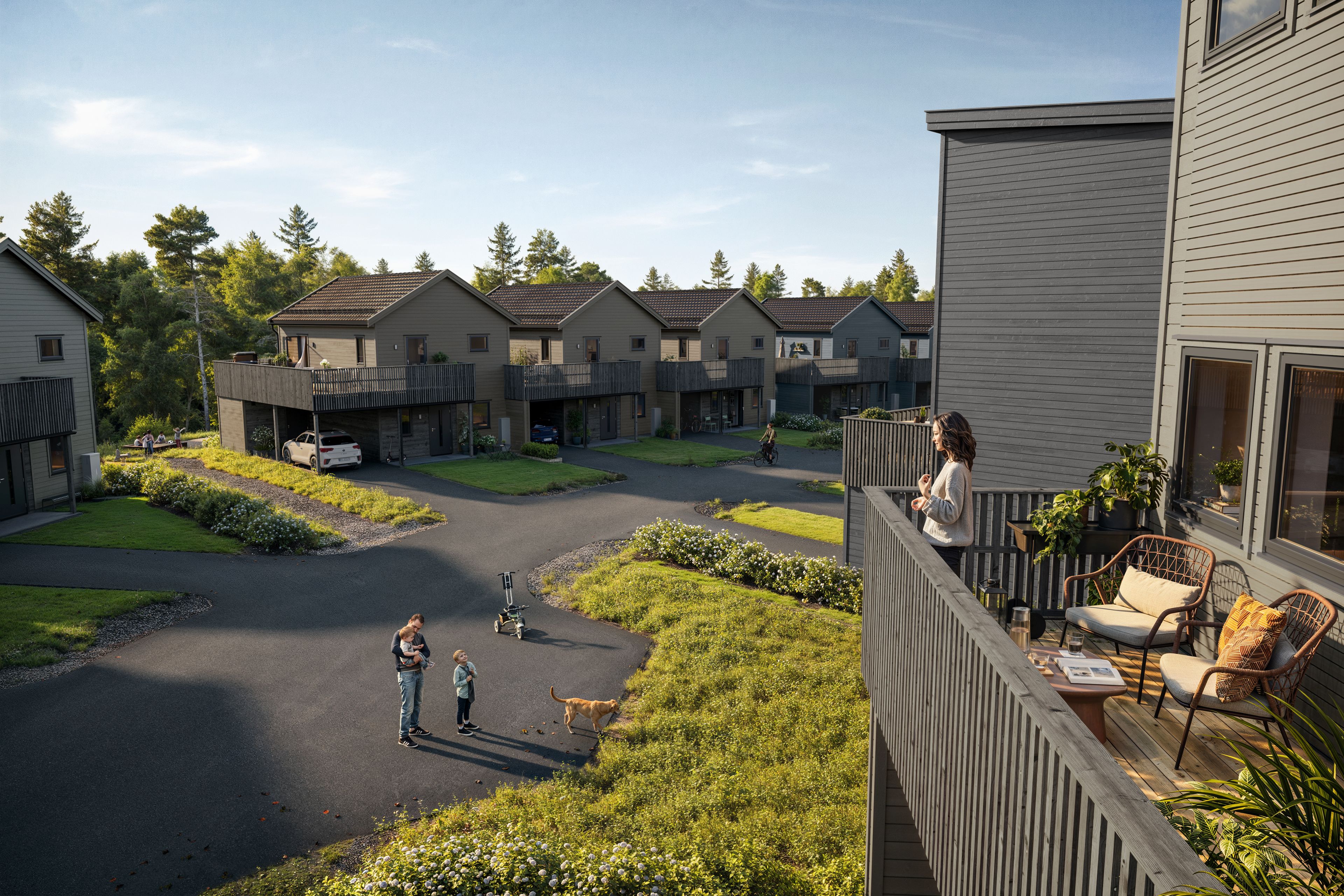 Illustrasjon av boliger sett fra balkongen i hus 28, i boligprosjektet Jessheim Sørøst