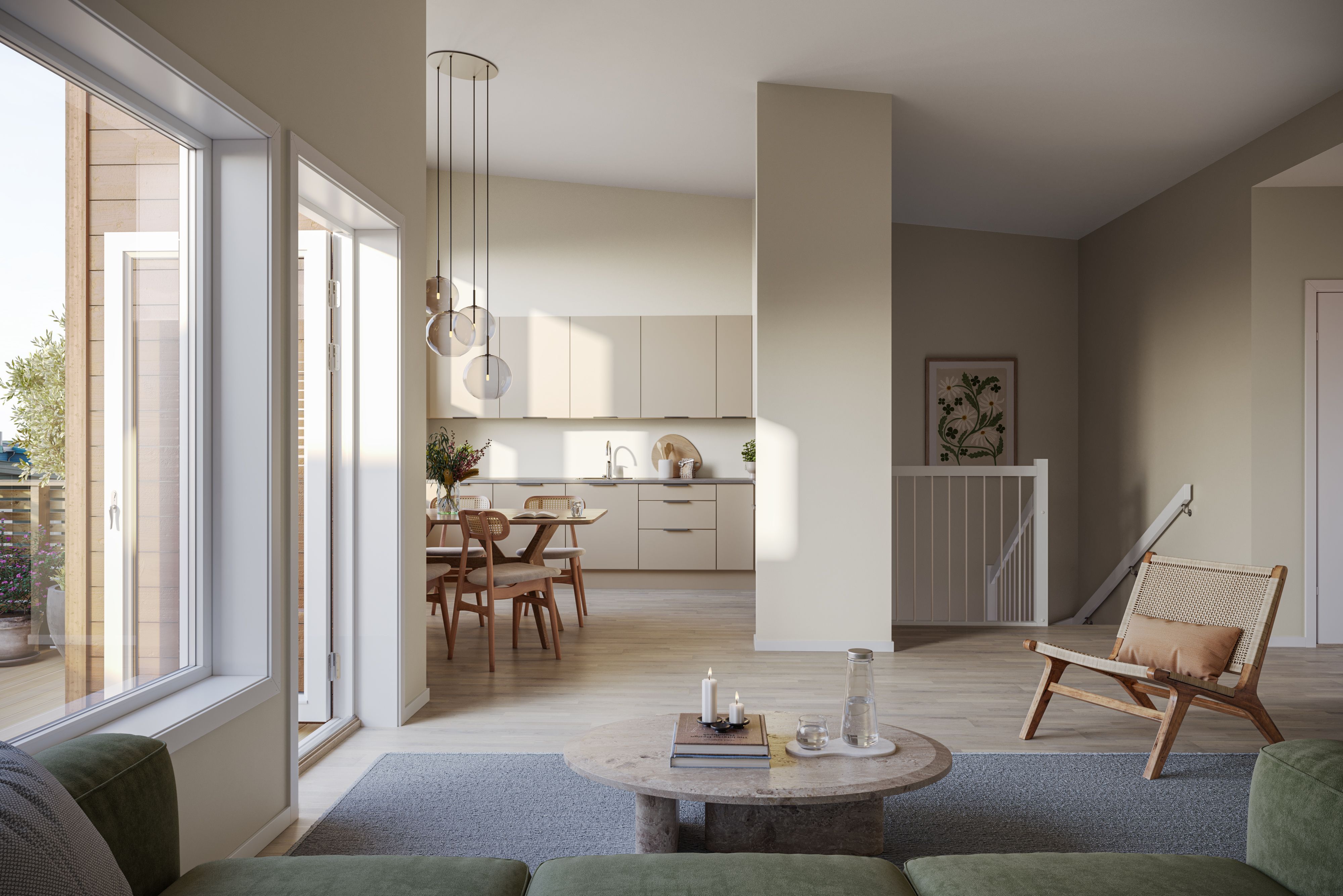 Illustrasjon av stue og kjøkken i rekkehus, hus 8, på Pepperstad Terrasse B6
