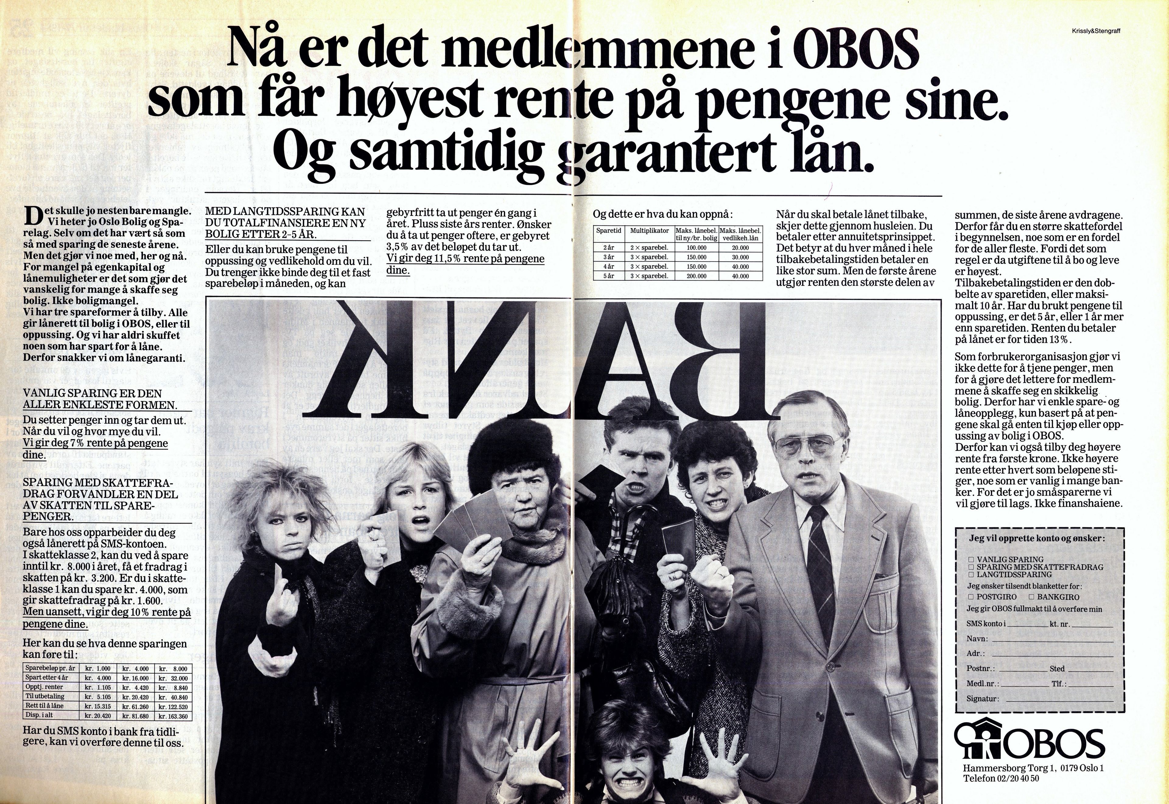 Faksimile av en annonse for lån og sparing fra 80-tallet