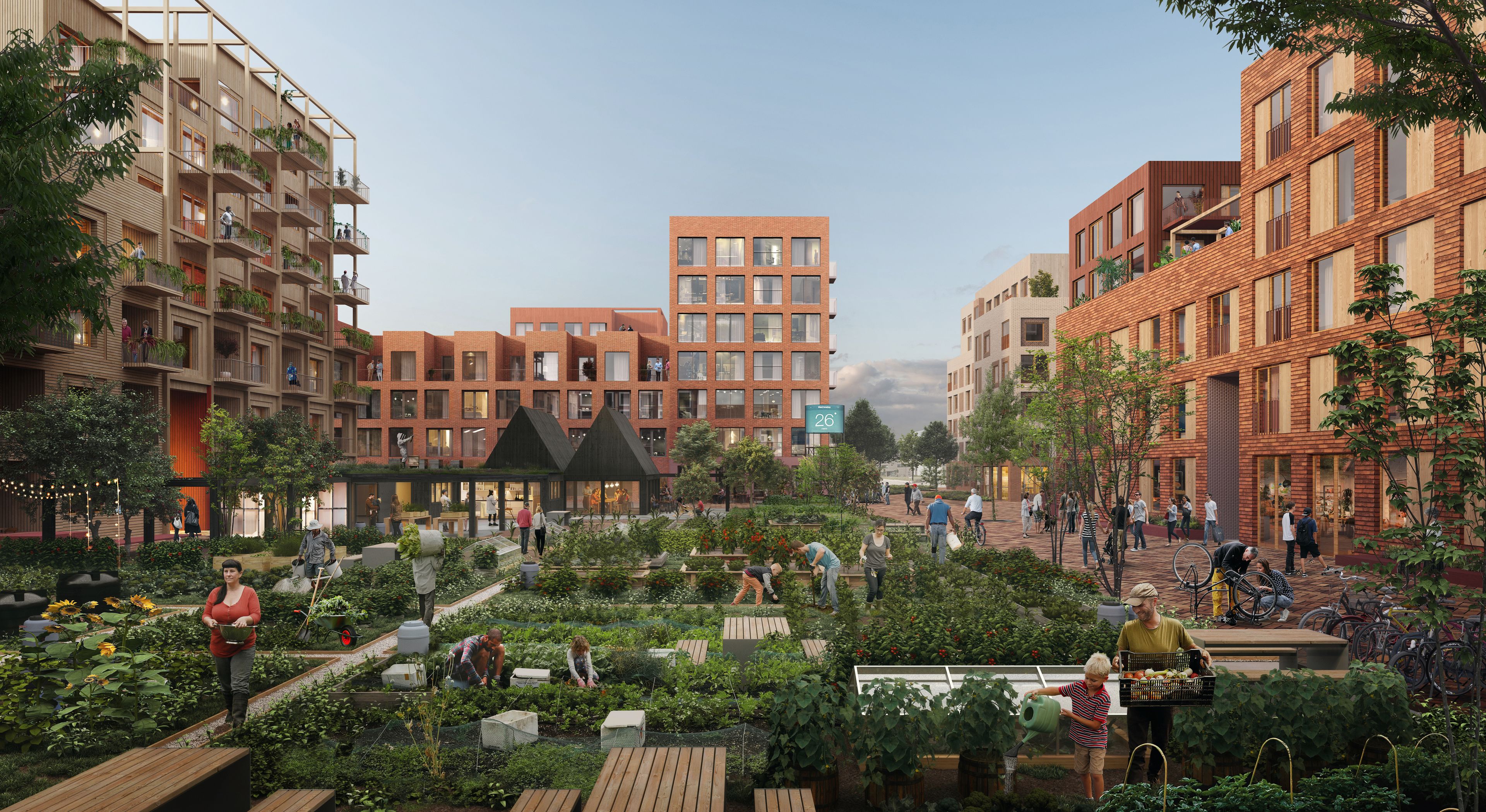 Illustrasjon av et boligprosjekt med store grøntarealer og flere sittegrupper, der mennesker går rundt.