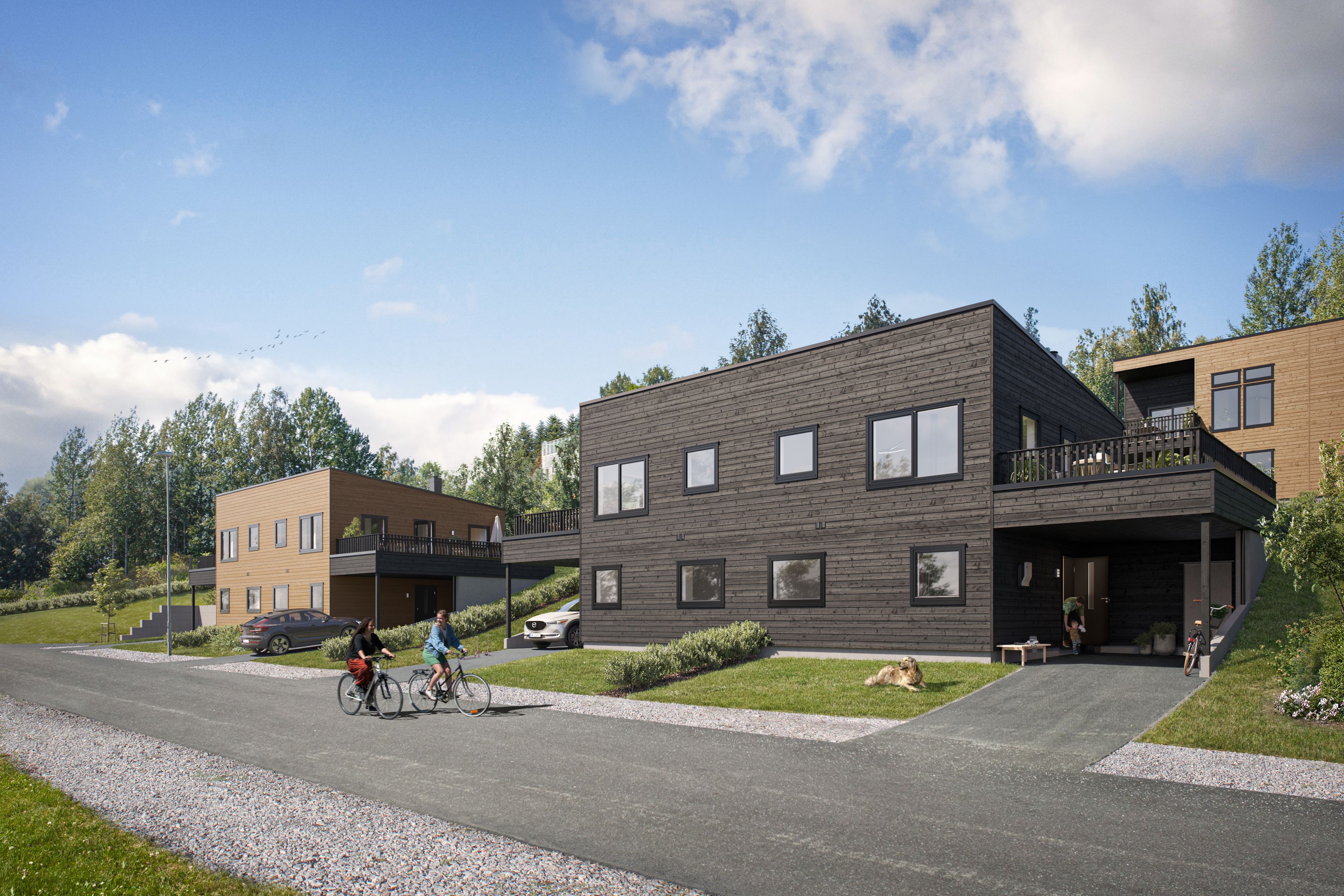 Illustrasjon av fasade på hus 1 og 2 på Nedre Eikrem B19, på Eikremshagen