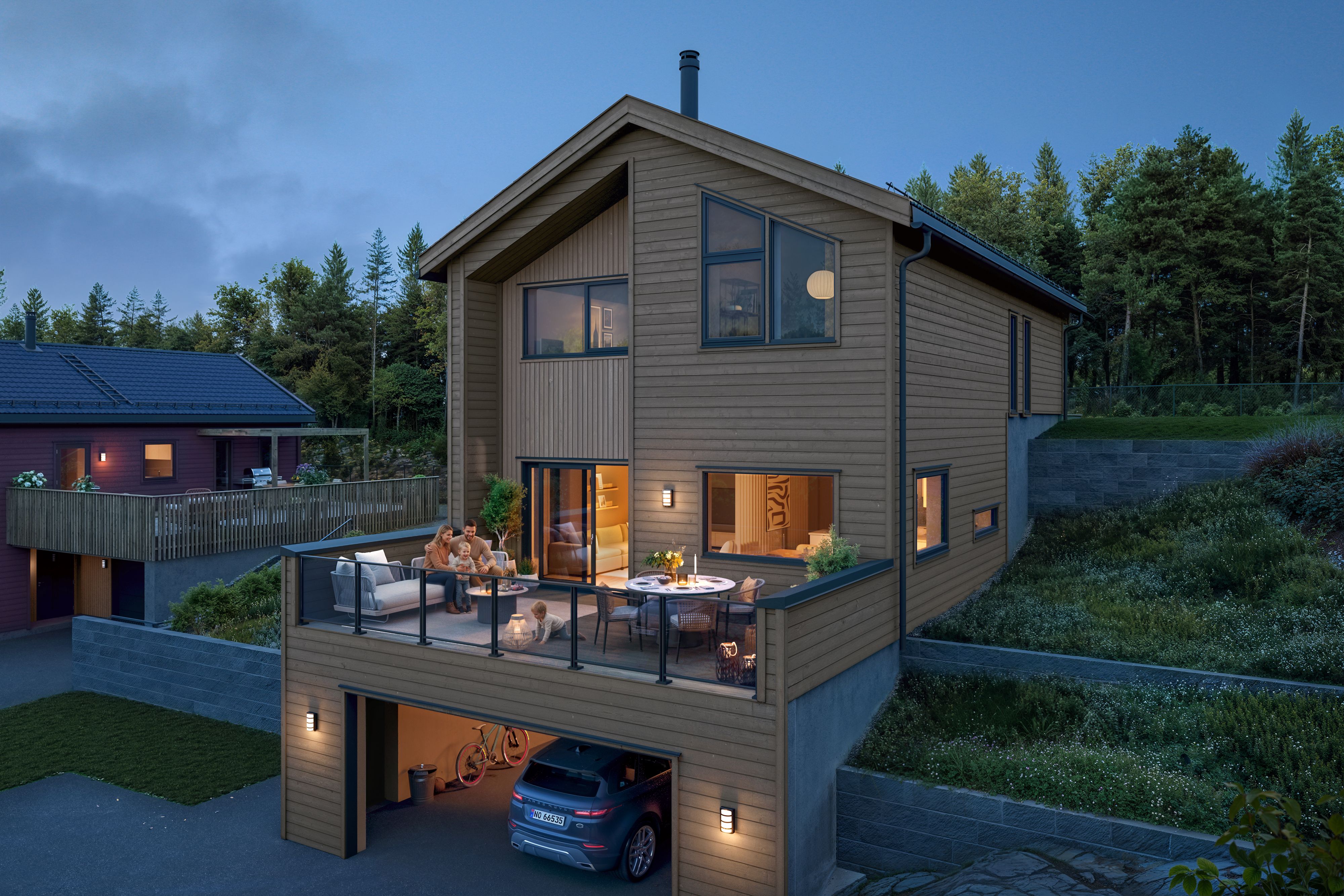 Illustrasjon av terrasse i frittliggende enebolig på Strømnesåsen.